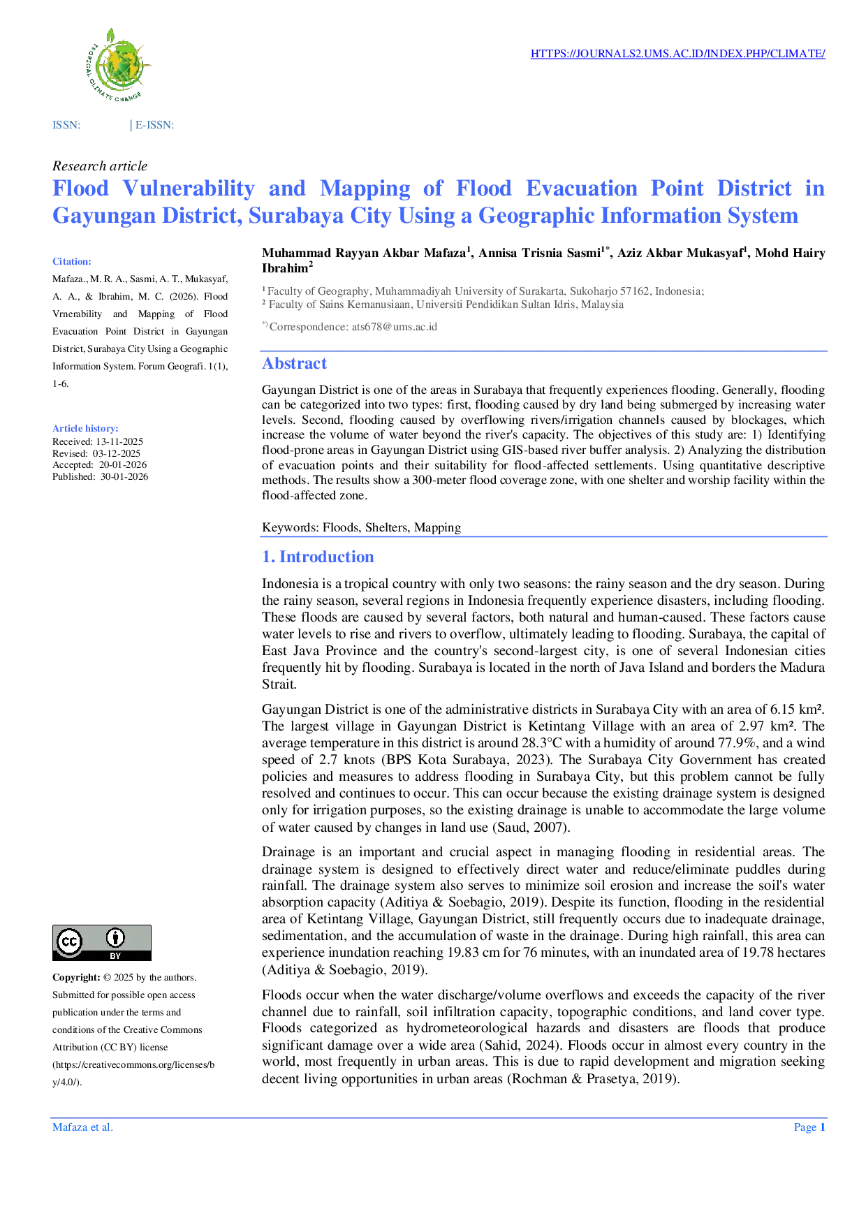 JURIS Flood Vulnerability and Mapping of Flood Evacuation Point District in Gayungan District Surabaya City Using a Geographic Information System
