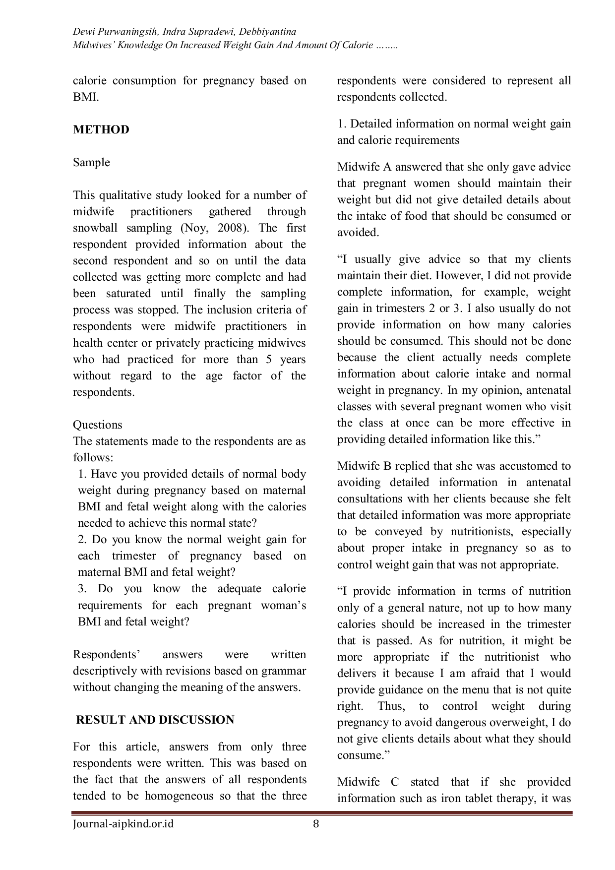 JURIS Pengetahuan Bidan Tentang Peningkatan Berat Badan Dan Jumlah Konsumsi Kalori Dalam Kehamilan Studi Kualitatif