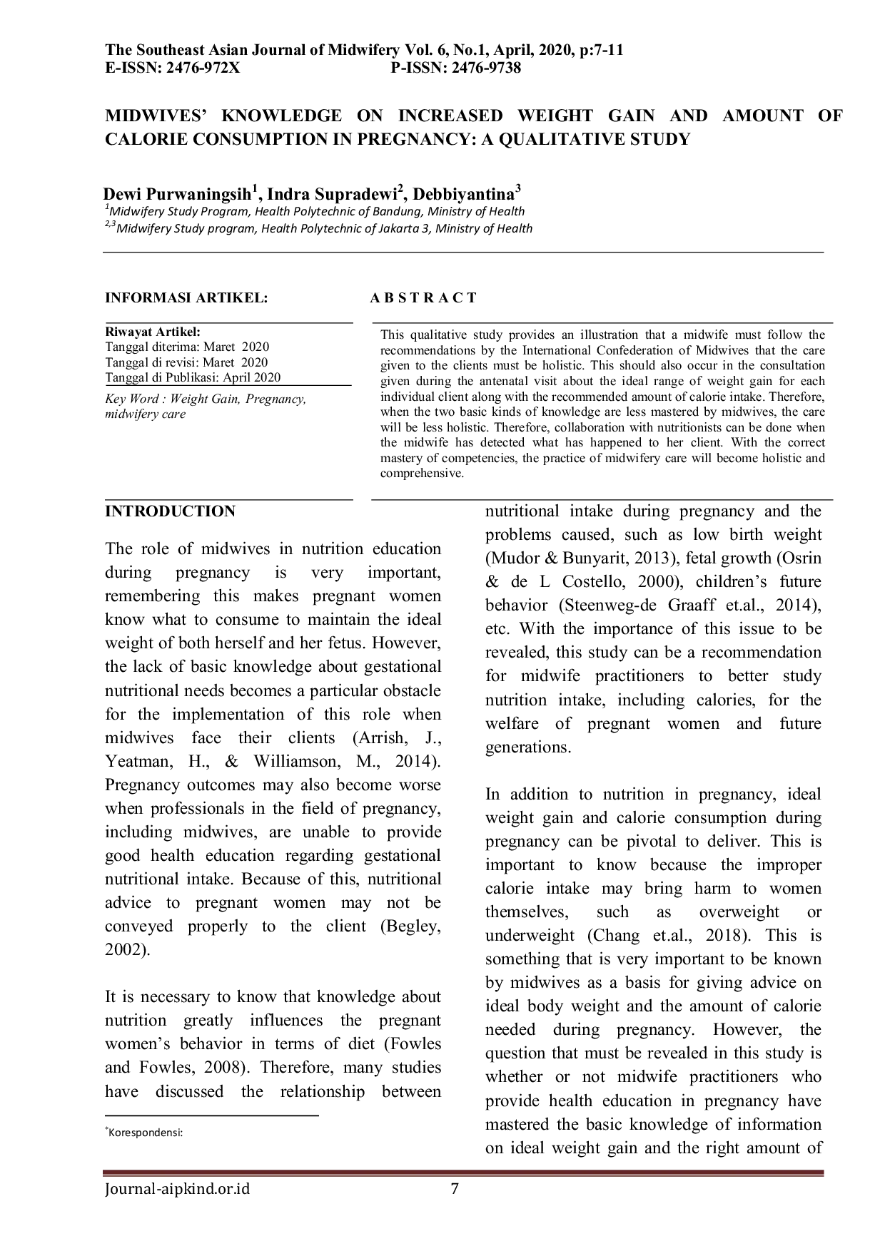 JURIS Pengetahuan Bidan Tentang Peningkatan Berat Badan Dan Jumlah Konsumsi Kalori Dalam Kehamilan Studi Kualitatif