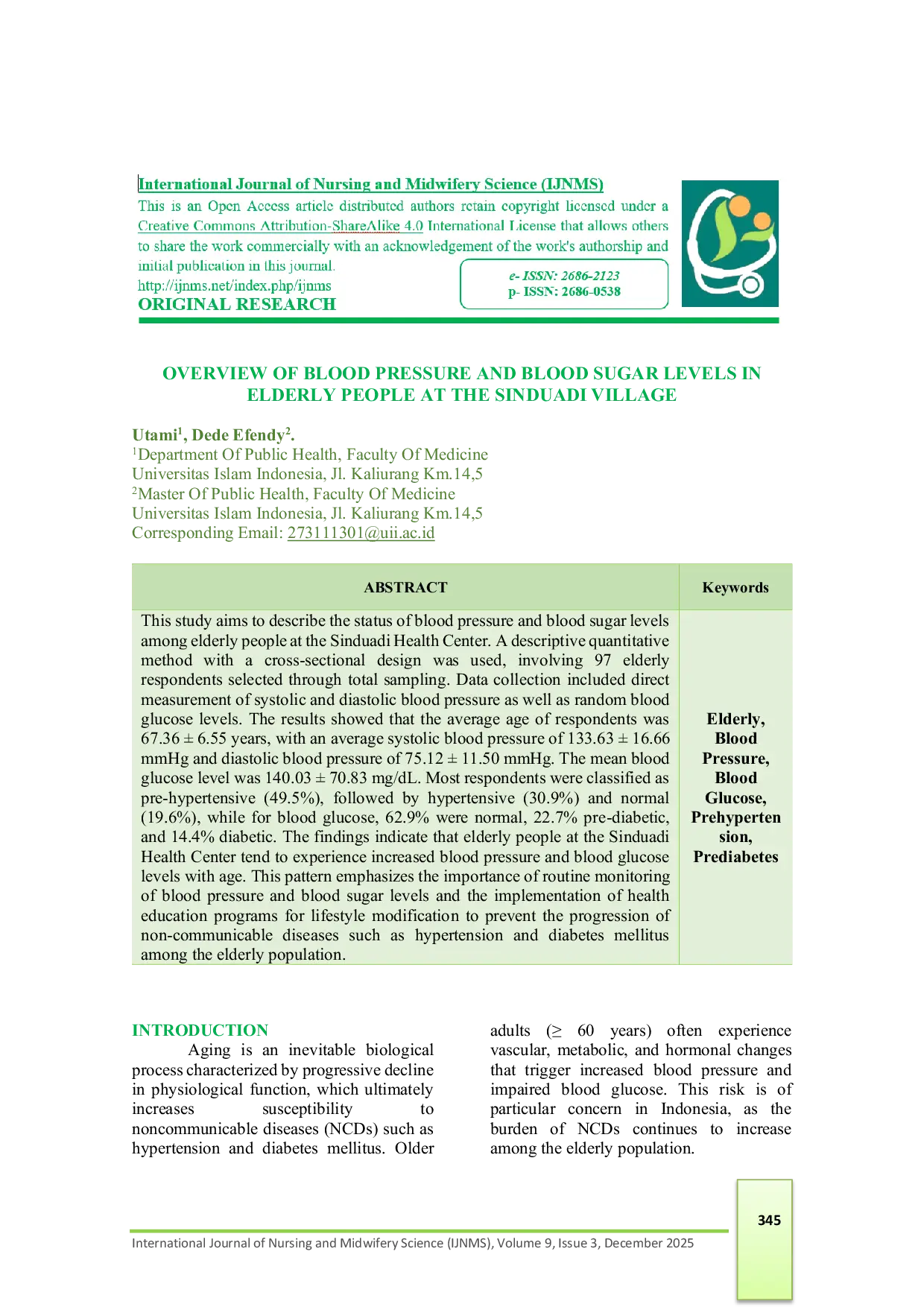 JURIS Overview Of Blood Pressure And Blood Sugar Levels In Elderly People At The Sinduadi Village