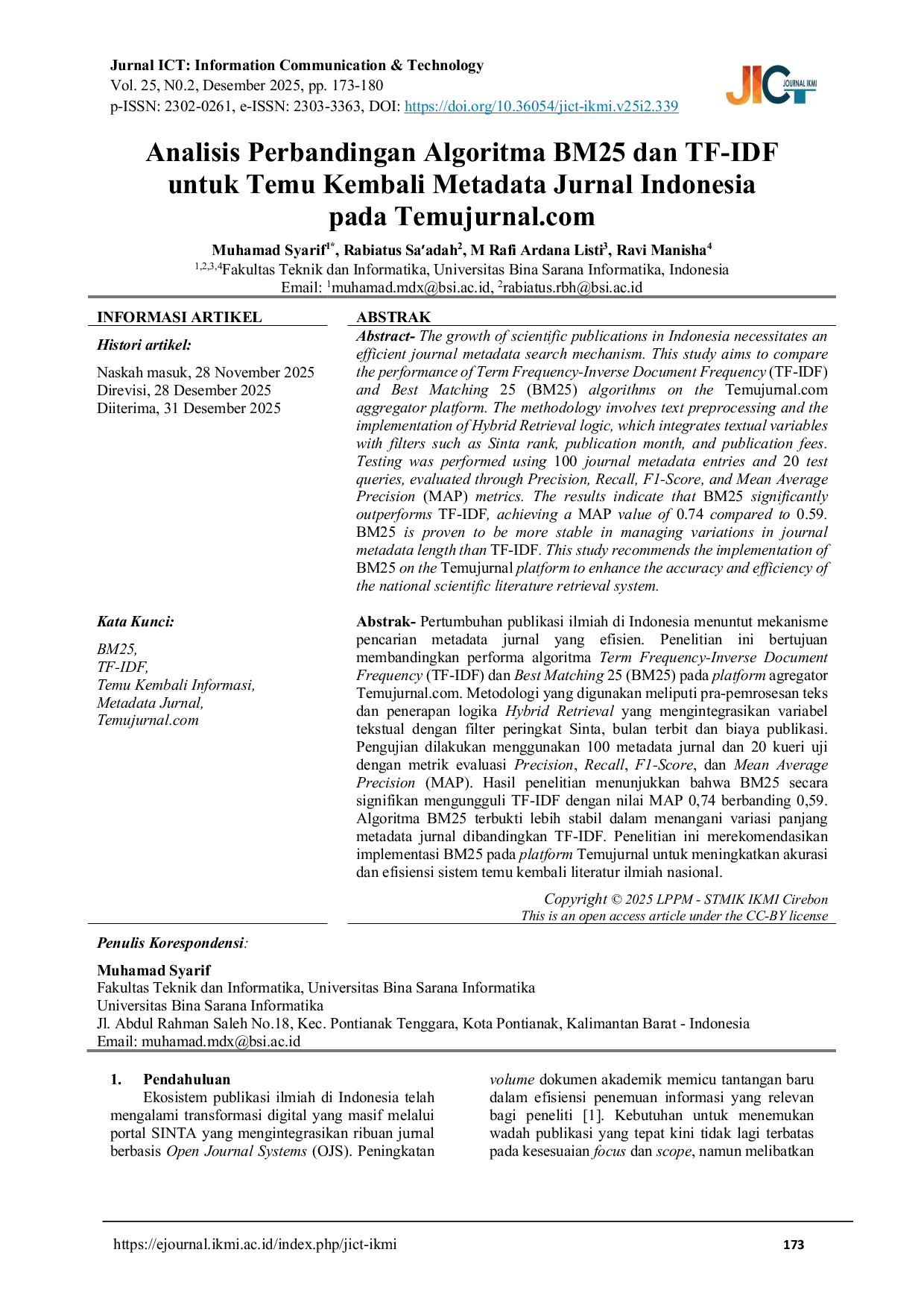 JURIS Analisis Perbandingan Algoritma BM25 dan TF IDF untuk Temu Kembali Metadata Jurnal Indonesia pada Temujurnal