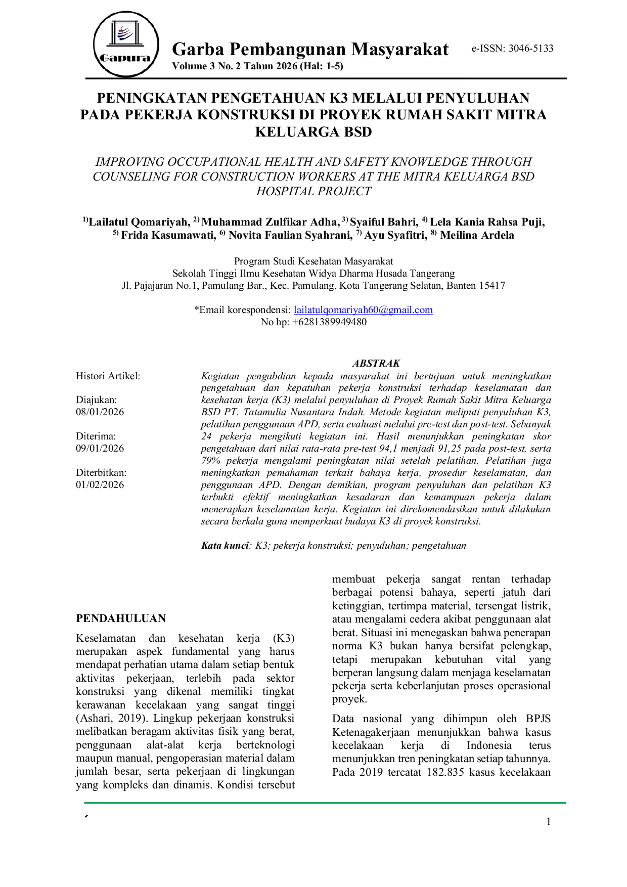 JURIS Peningkatan Pengetahuan K3 Melalui Penyuluhan Pada Pekerja Konstruksi Di Proyek Rumah Sakit Mitra Keluarga BSD