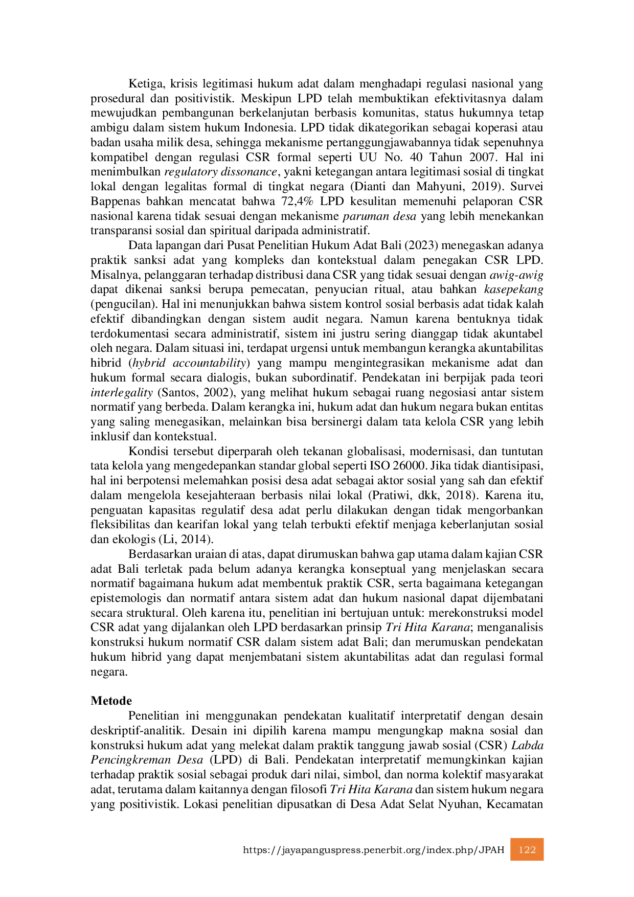 JURIS Reinterpretasi Tanggung Jawab Sosial Perusahaan Adat dalam Konstruksi Hukum CSR Labda Pencingkreman Desa Berbasis Tri Hita Karana