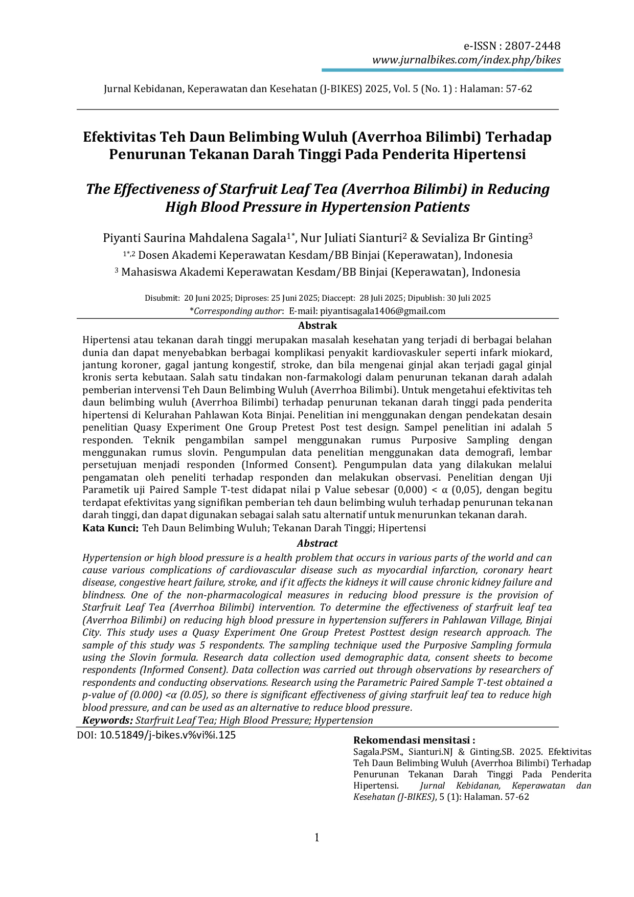 JURIS Efektivitas Teh Daun Belimbing Wuluh Averrhoa Bilimbi Terhadap Penurunan Tekanan Darah Tinggi Pada Penderita Hipertensi