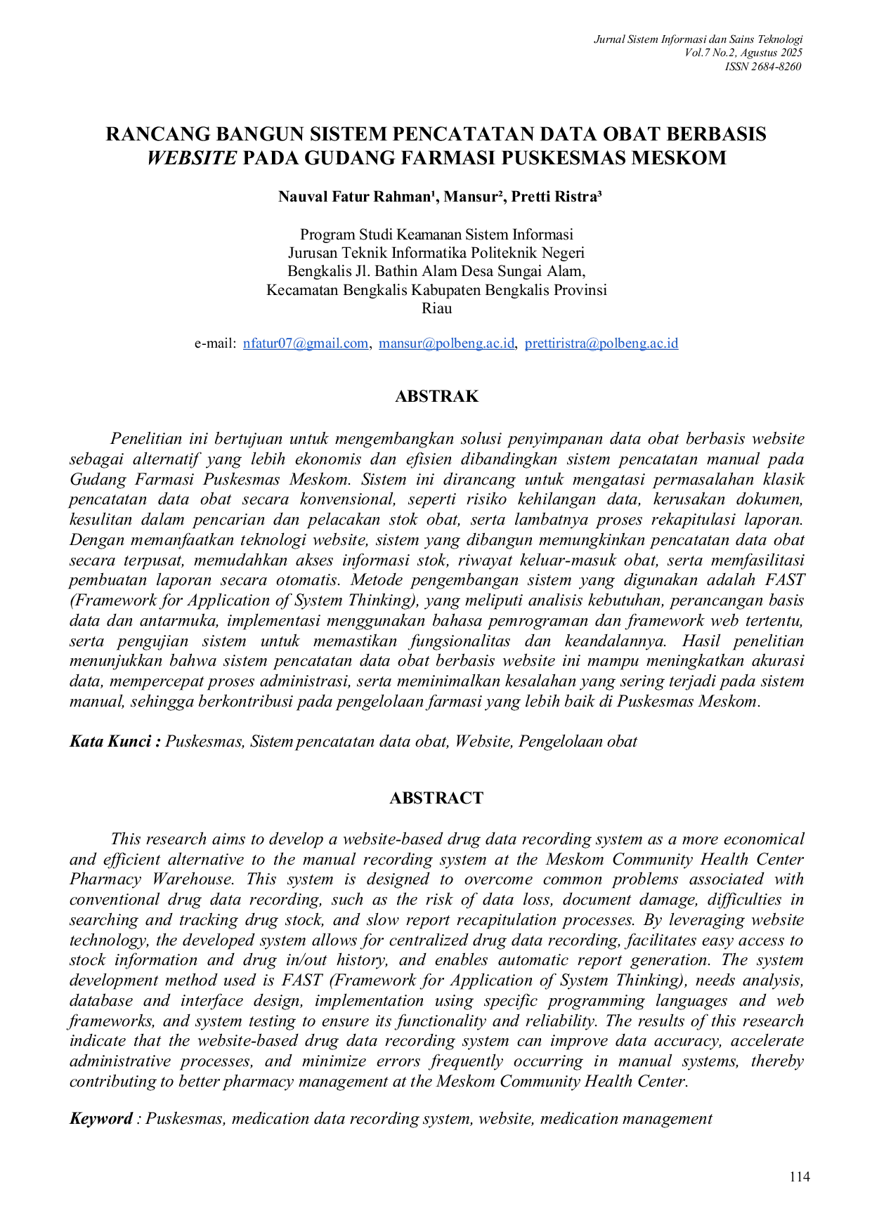 JURIS Rancang Bangun Sistem Pencatatan Data Obat Berbasis Website Pada Gudang Farmasi Puskesmas Meskom