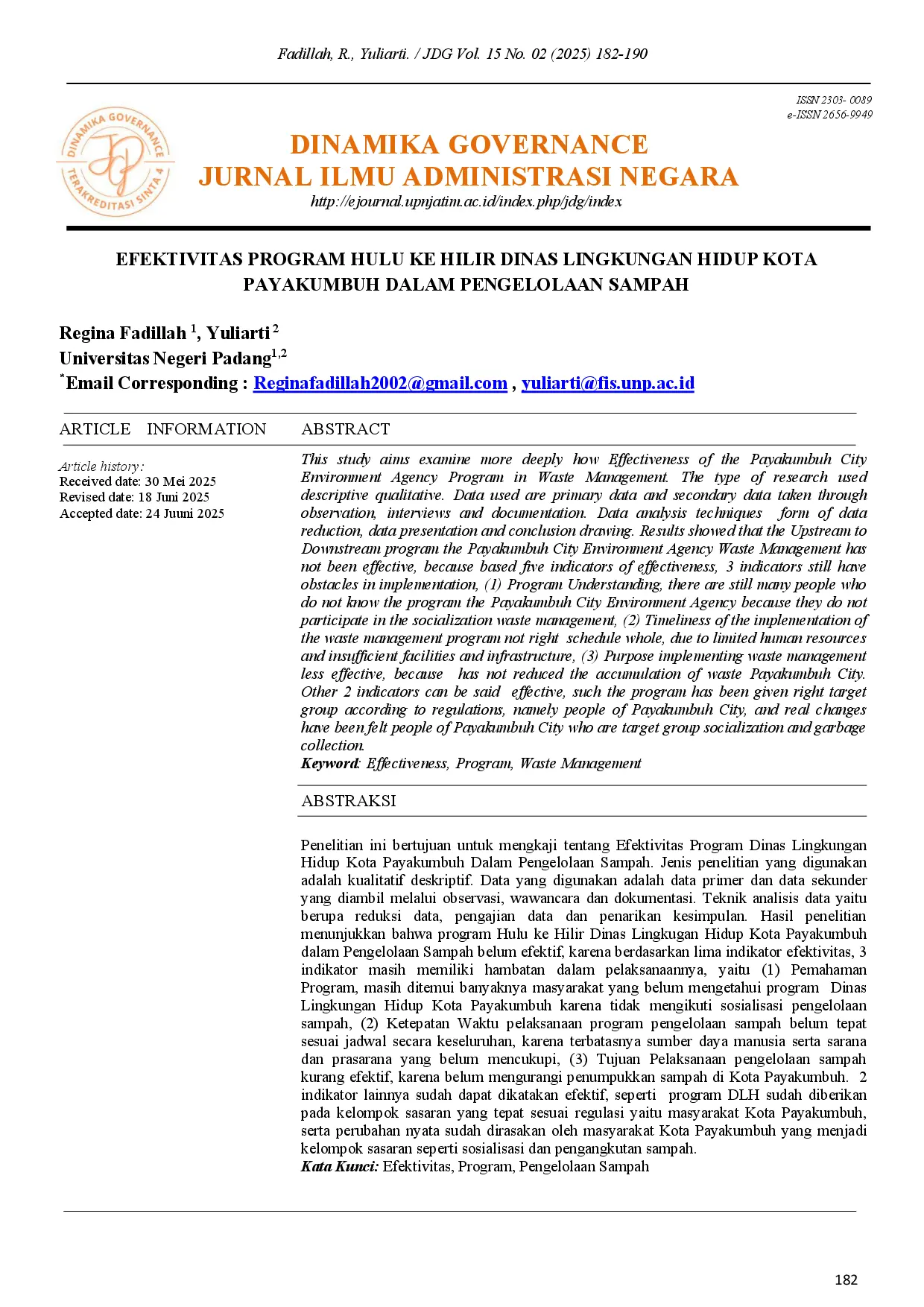 juris Efektivitas Program Hulu Ke Hilir Dinas Lingkungan Hidup Kota Payakumbuh Dalam Pengelolaan Sampah