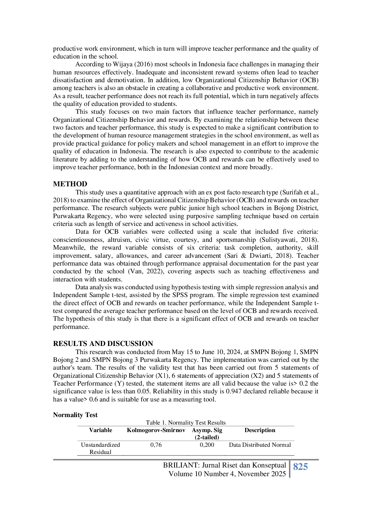 JURIS The Influence of Organizational Citizenship Behavior and Appreciation on Teacher Performance