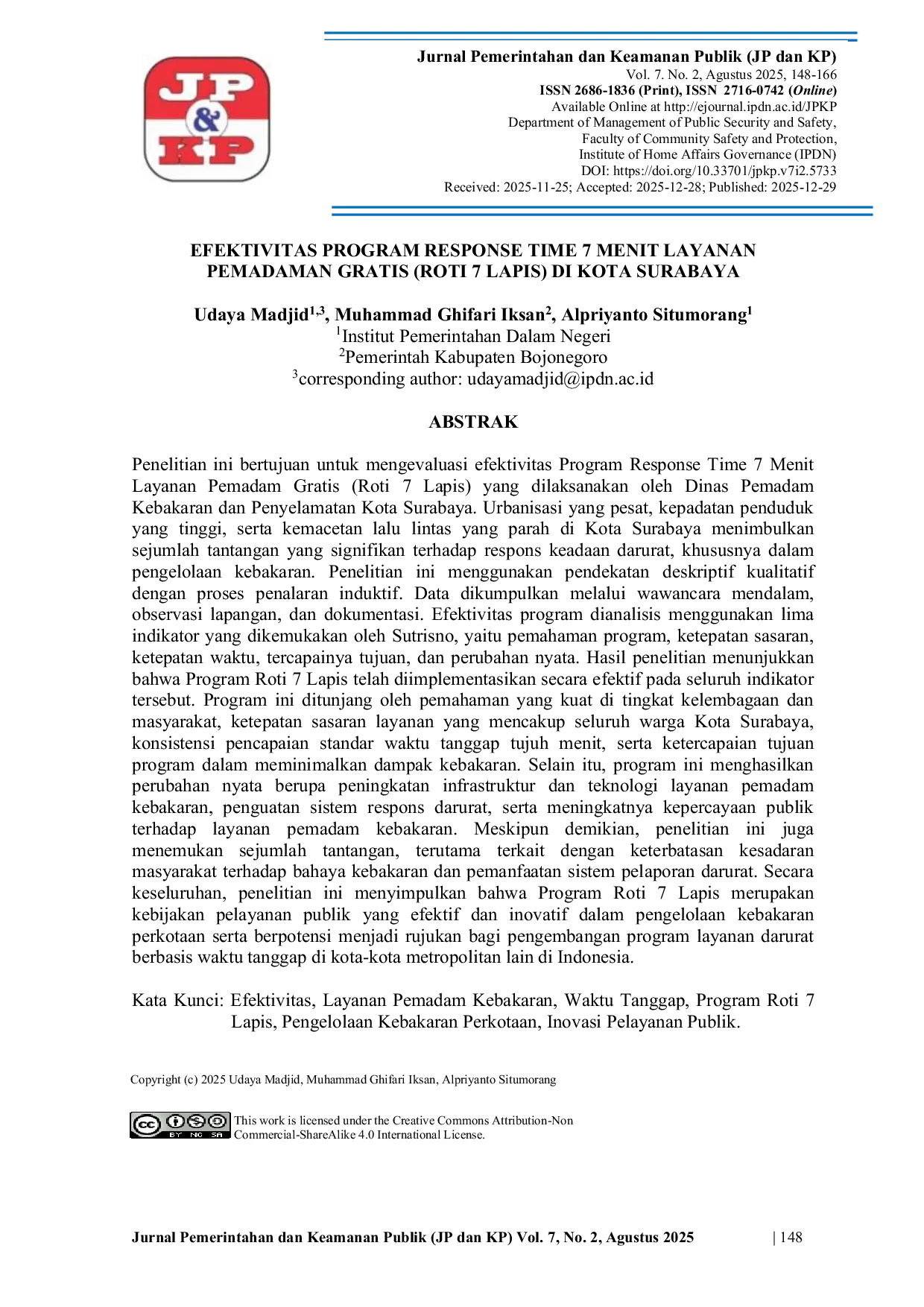 JURIS Efektivitas Program Response Time 7 Menit Layanan Pemadam Gratis Roti 7 Lapis Di Kota Surabaya