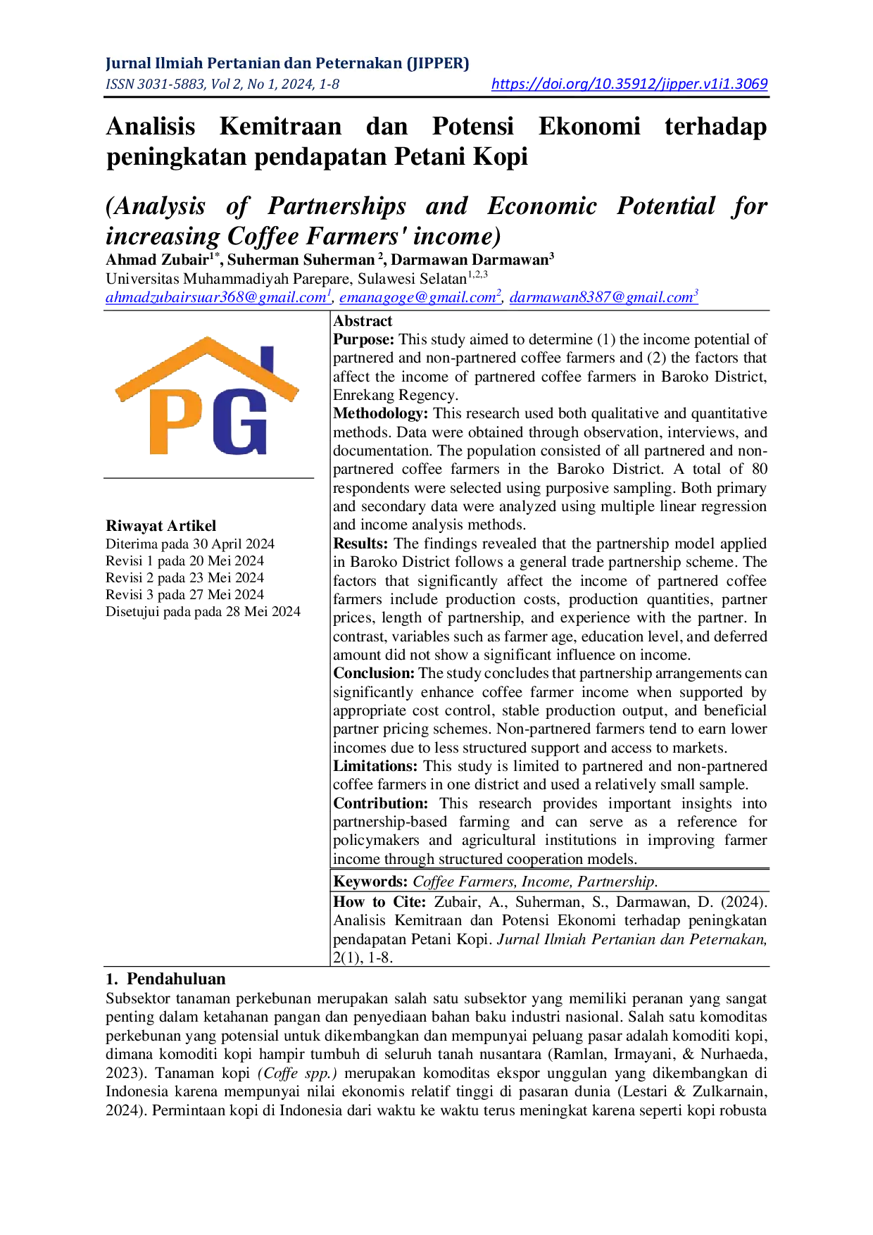 JURIS Analisis Kemitraan dan Potensi Ekonomi terhadap peningkatan pendapatan Petani Kopi