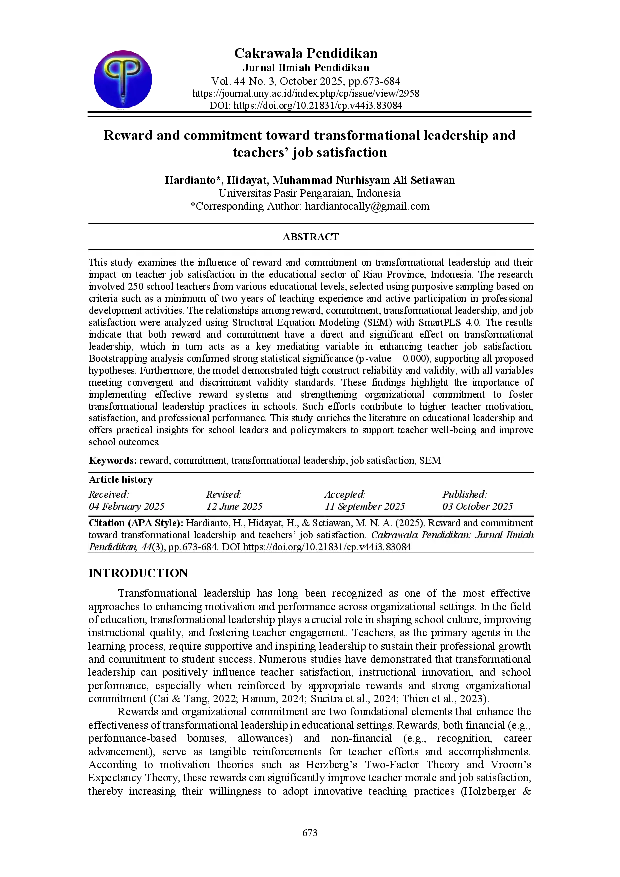 juris Reward and commitment toward transformational leadership and teachers job satisfaction