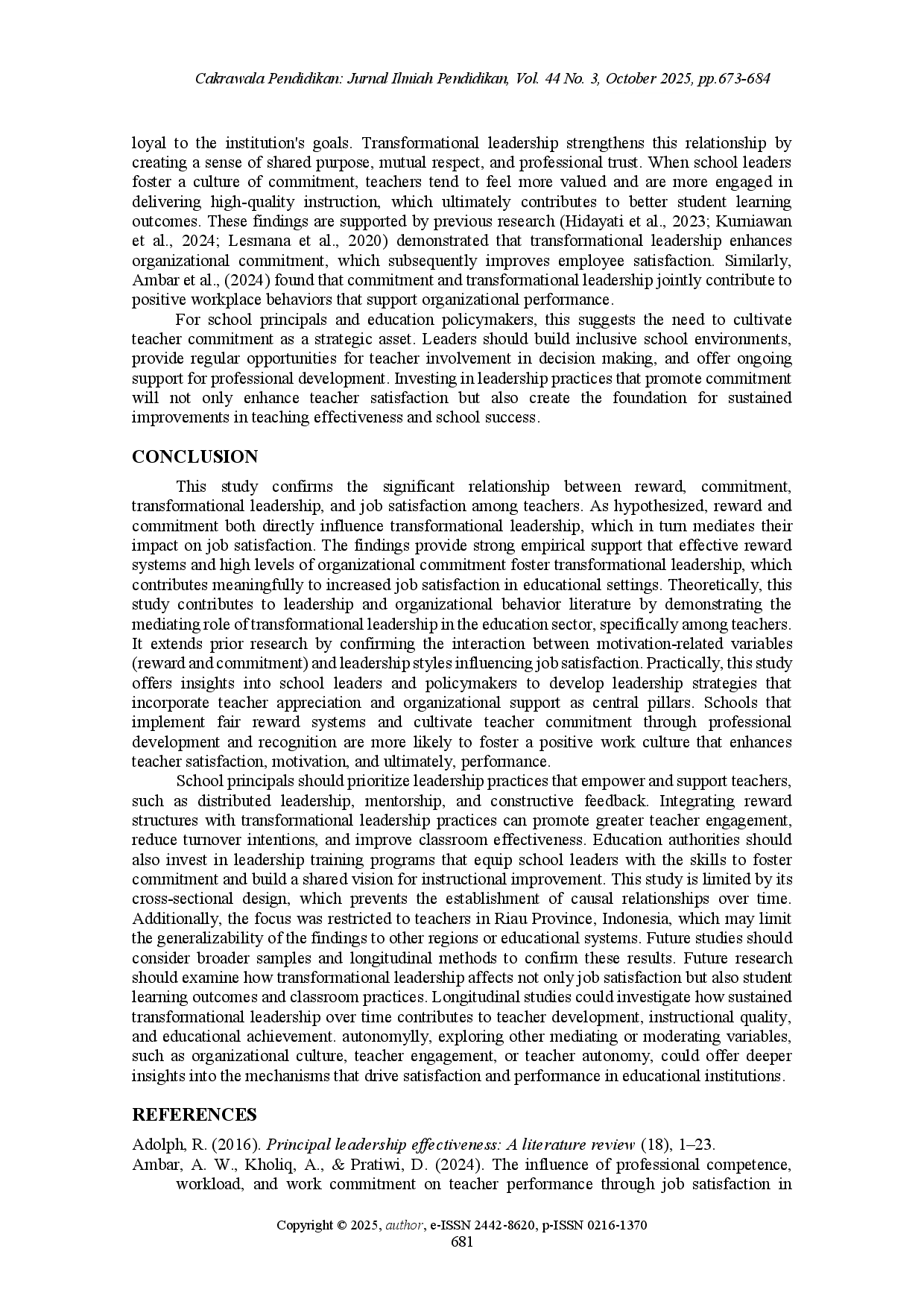 juris Reward and commitment toward transformational leadership and teachers job satisfaction