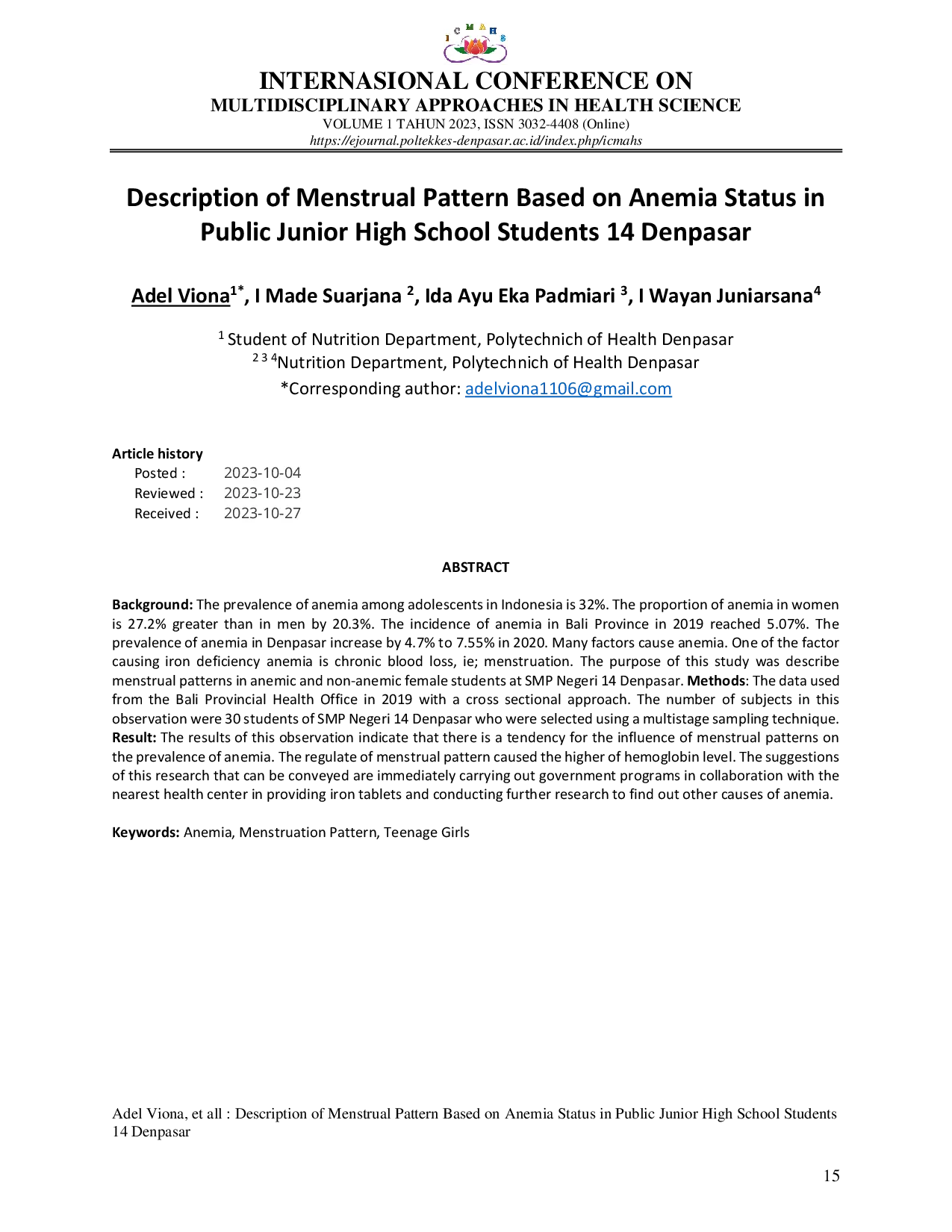 JURIS Description of Menstrual Pattern Based on Anemia Status in Public Junior High School Students 14 Denpasar