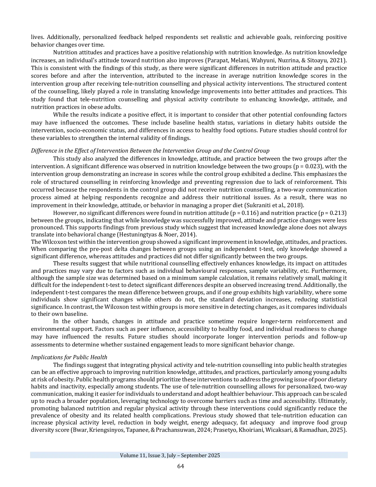JURIS Effect of Tele Nutrition Counselling and Physical Activity on Nutrition Knowledge Attitudes and Practices in Obese Adults