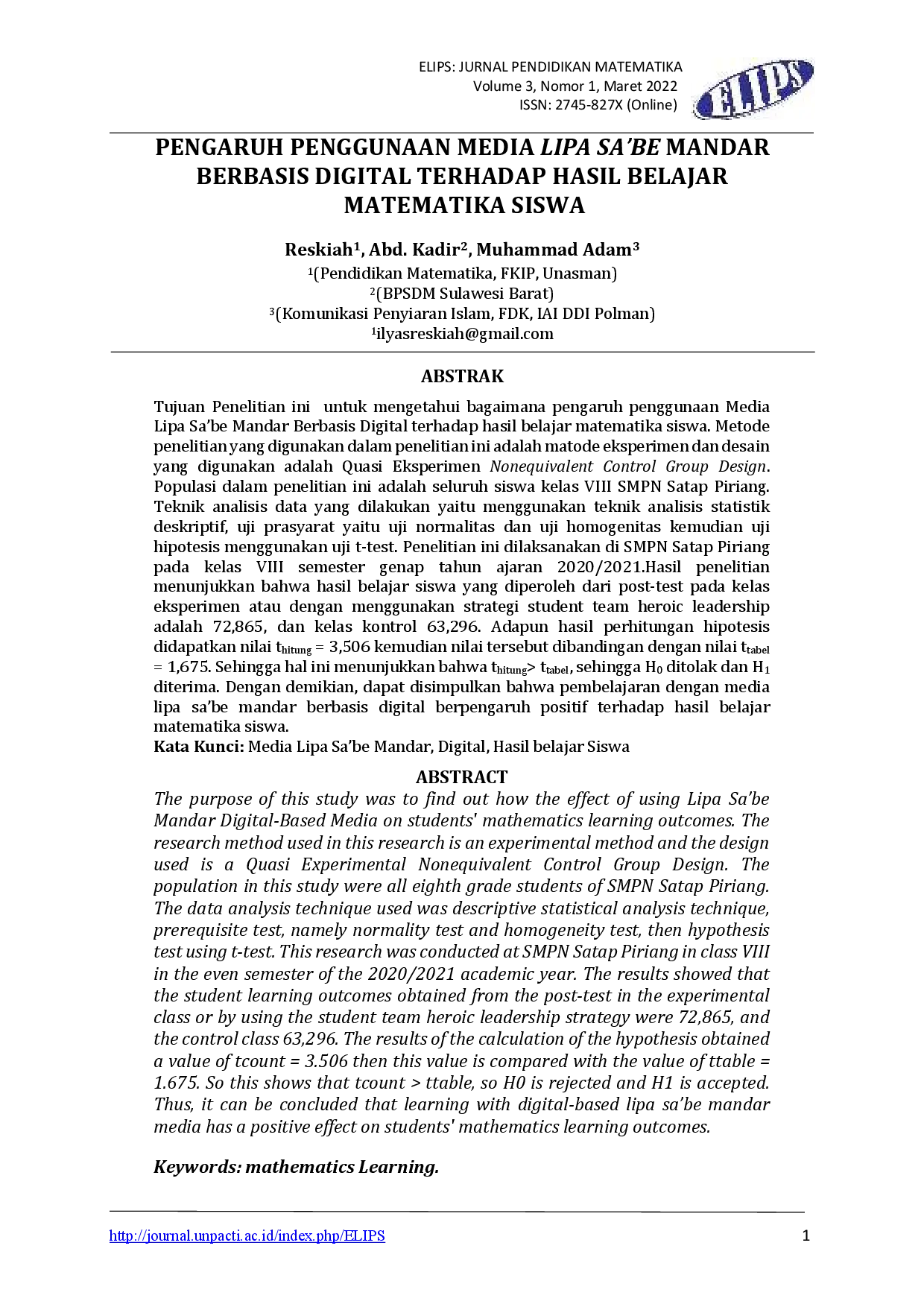 juris Pengaruh Penggunaan Media Lipa Sa be Mandar Berbasis Digital Terhadap Hasil Belajar Matematika Siswa