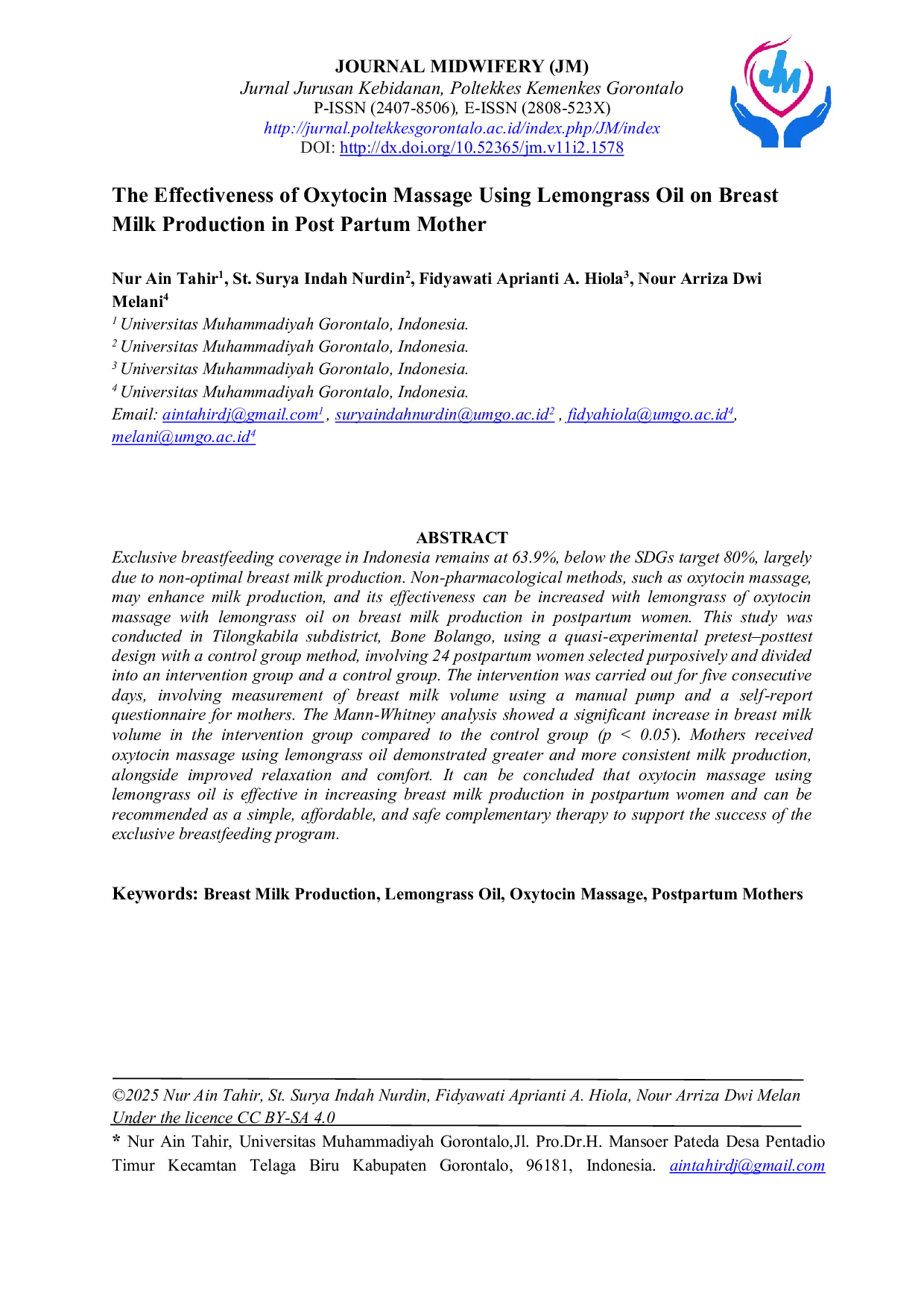 JURIS The Effectiveness of Oxytocin Massage Using Lemongrass Oil on Breast Milk Production in Post Partum Mother