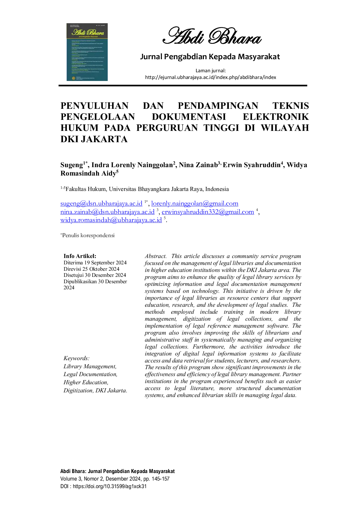 JURIS Penyuluhan Dan Pendampingan Teknis Pengelolaan Dokumentasi Elektronik Hukum Pada Perguruan Tinggi Di Wilayah Dki Jakarta