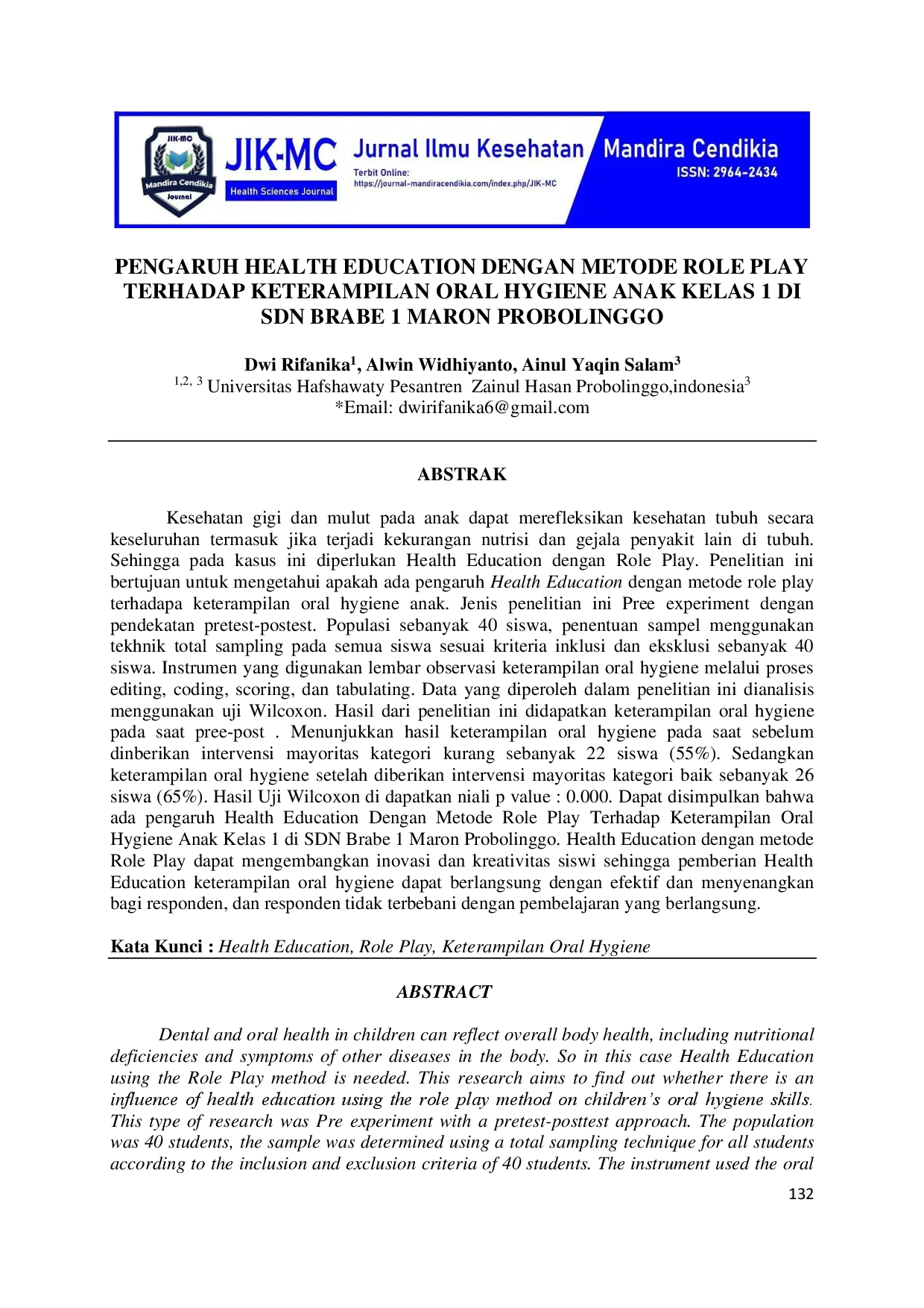 juris Pengaruh Health Education Dengan Metode Role Play Terhadap Keterampilan Oral Hygiene Anak Kelas 1 Di SDN Brabe 1 Maron Probolinggo
