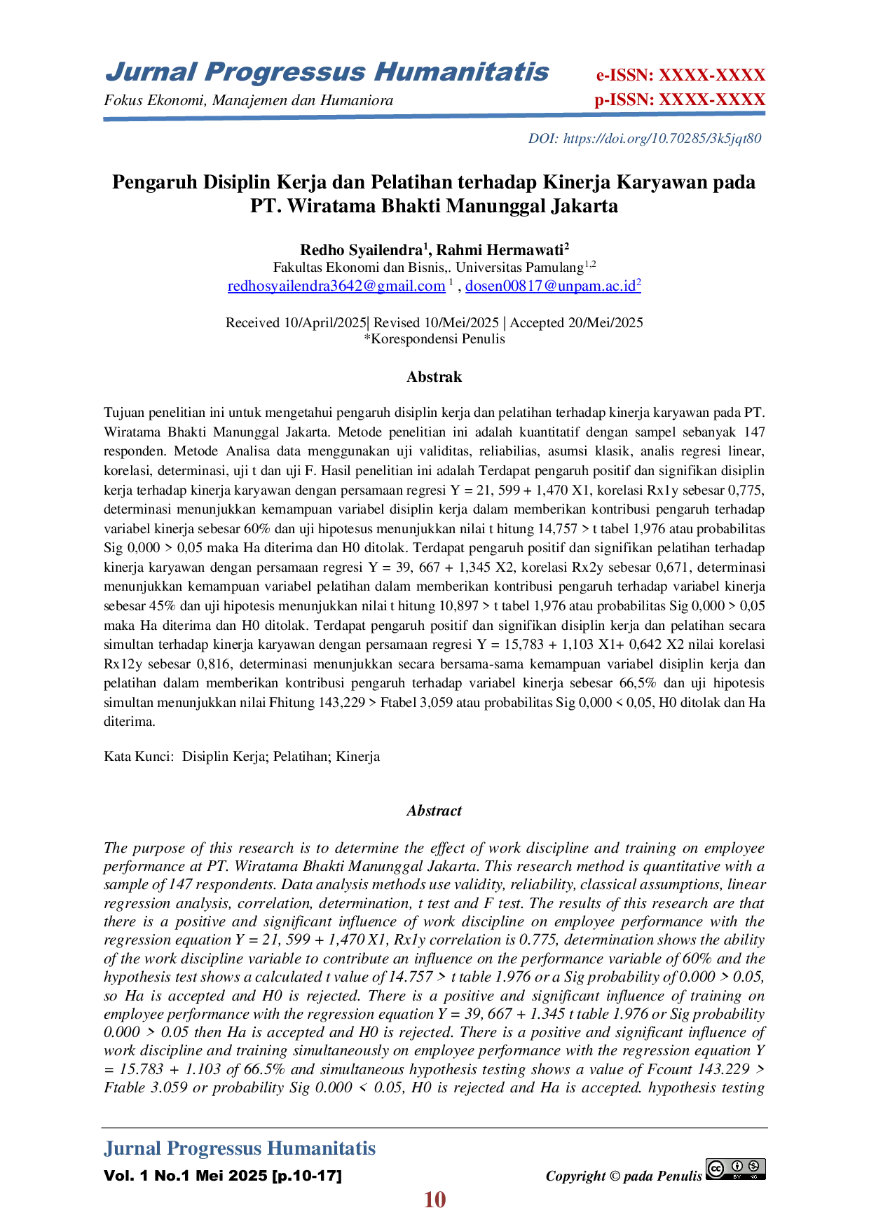 JURIS Pengaruh Disiplin Kerja dan Pelatihan terhadap Kinerja Karyawan pada PT Wiratama Bhakti Manunggal Jakarta