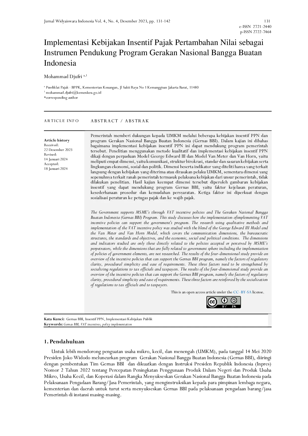 JURIS Implementasi Kebijakan Insentif Pajak Pertambahan Nilai Sebagai Instrumen Pendukung Program Gerakan Nasional Bangga Buatan Indonesia