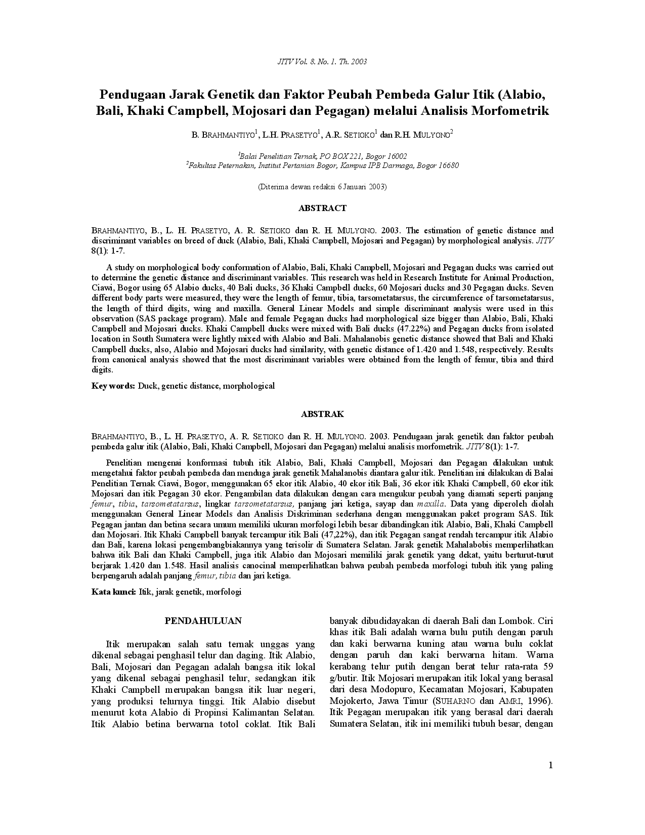 juris The estimation of genetic distance and discriminant variables on breed of duck Alabio Bali Khaki Campbell Mojosari and Pegagan by morphological analysis
