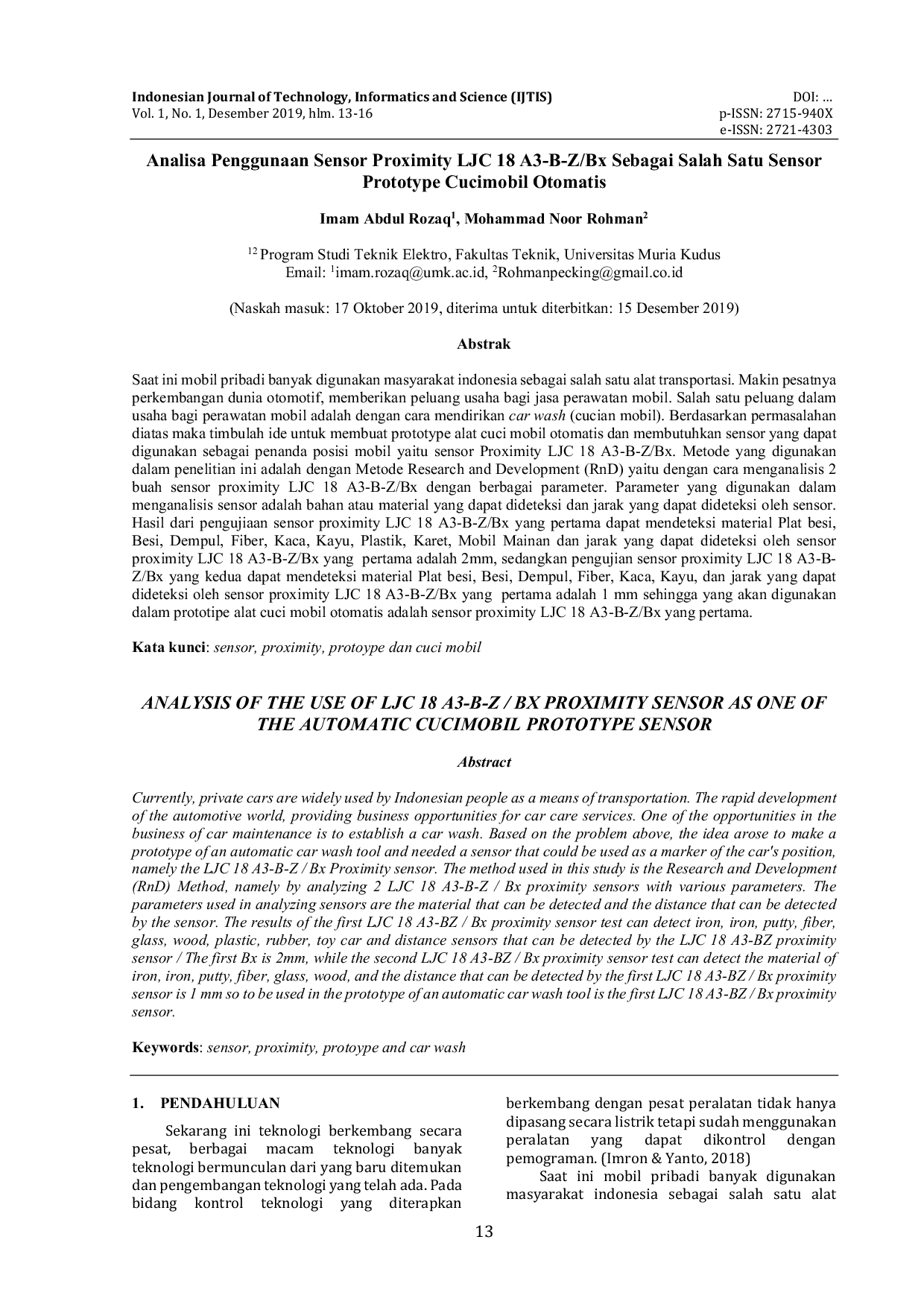 JURIS Analisa Penggunaan Sensor Proximity LJC 18 A3 B Z Bx Sebagai Salah Satu Sensor Prototype Cucimobil Otomatis