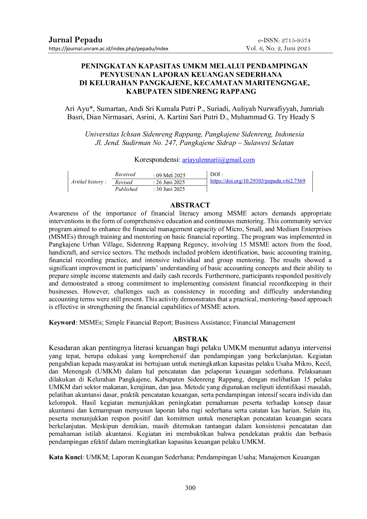 JURIS Peningkatan Kapasitas UMKM Melalui Pendampingan Penyusunan Laporan Keuangan Sederhana di Kelurahan Pangkajene Kecamatan Maritengngae Kabupaten Sidenreng Rappang