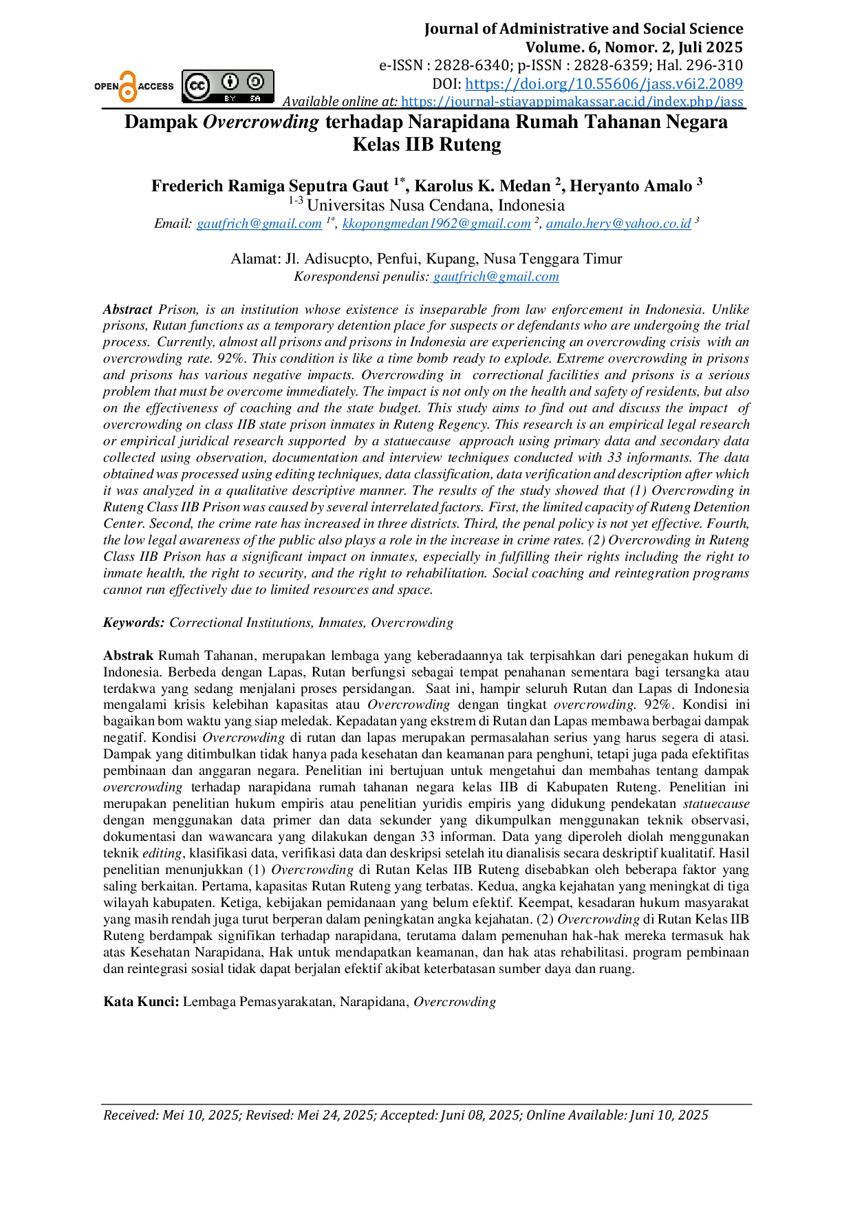 JURIS Dampak Overcrowding Terhadap Narapidana Rumah Tahanan Negara Kelas IIB Ruteng