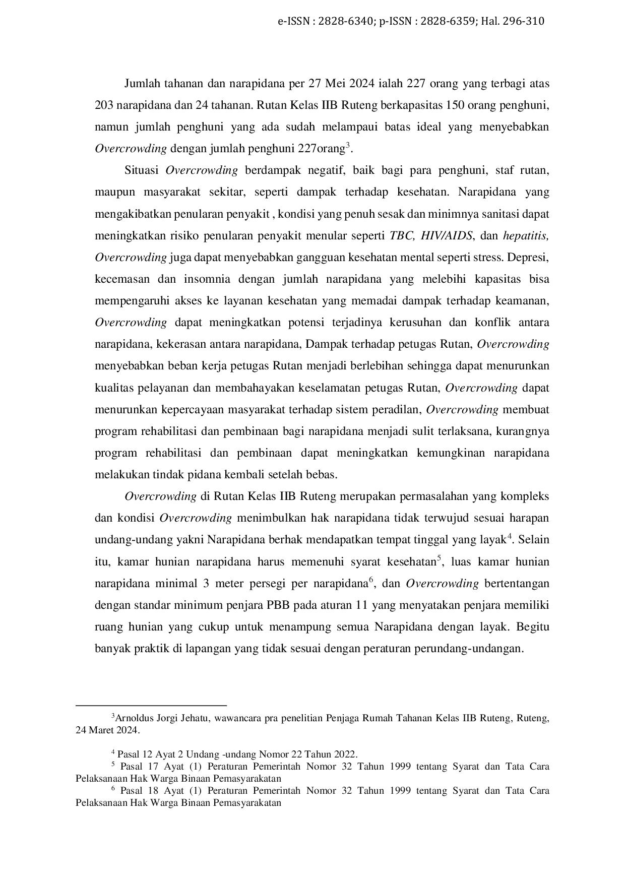 JURIS Dampak Overcrowding Terhadap Narapidana Rumah Tahanan Negara Kelas IIB Ruteng