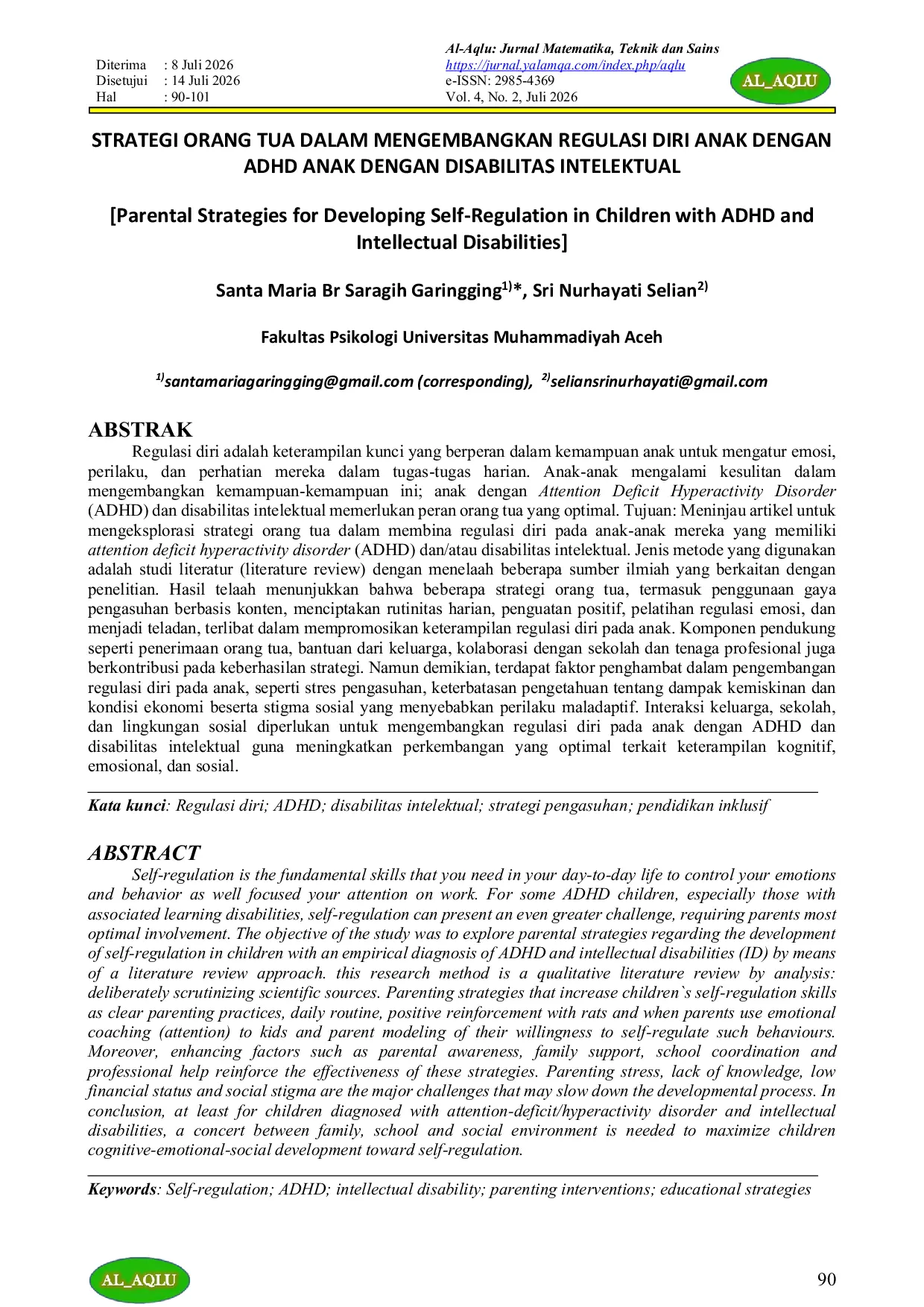 JURIS STRATEGI ORANG TUA DALAM MENGEMBANGKAN REGULASI DIRI ANAK DENGAN ADHD ANAK DENGAN DISABILITAS INTELEKTUAL Parental Strategies for Developing Self Regulation in Children with ADHD and Intellectual Dis
