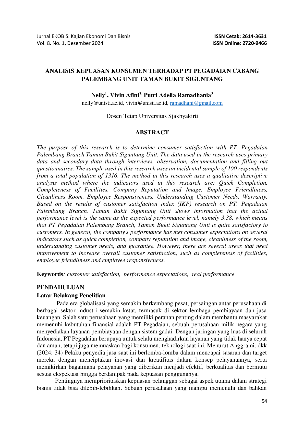 juris Analisis Kepuasan Konsumen Terhadap PT Pegadaian Cabang Palembang Unit Taman Bukit Siguntang