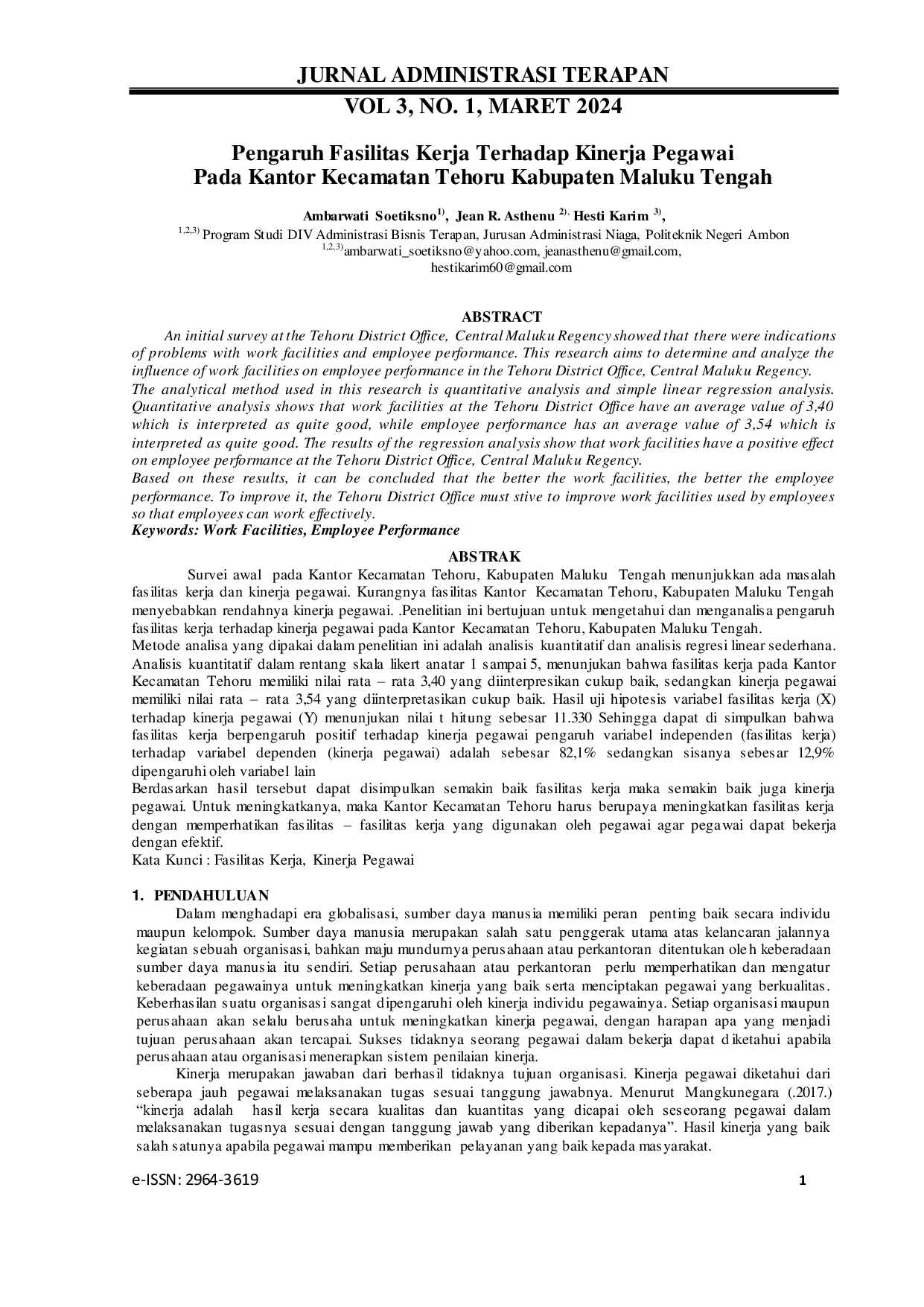 JURIS Pengaruh Fasilitas Kerja Terhadap Kinerja Pegawai Pada Kantor Kecamatan Tehoru Kabupaten Maluku Tengah