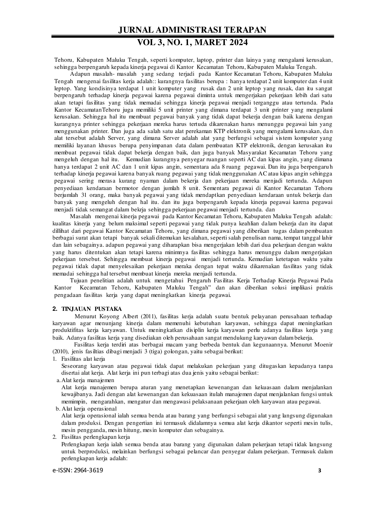 JURIS Pengaruh Fasilitas Kerja Terhadap Kinerja Pegawai Pada Kantor Kecamatan Tehoru Kabupaten Maluku Tengah