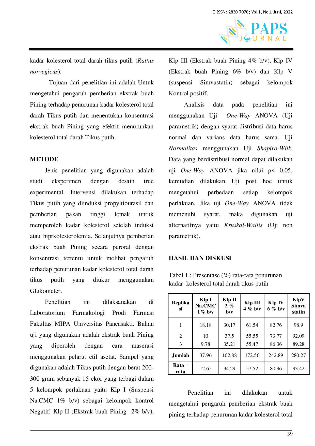 juris PENGARUH PEMBERIAN EKSTRAK BUAH PINING Horntstedtia alliacea TERHADAP PENURUNAN KADAR KOLESTEROL TOTAL DARAH TIKUS PUTIH Rattus norvegicus