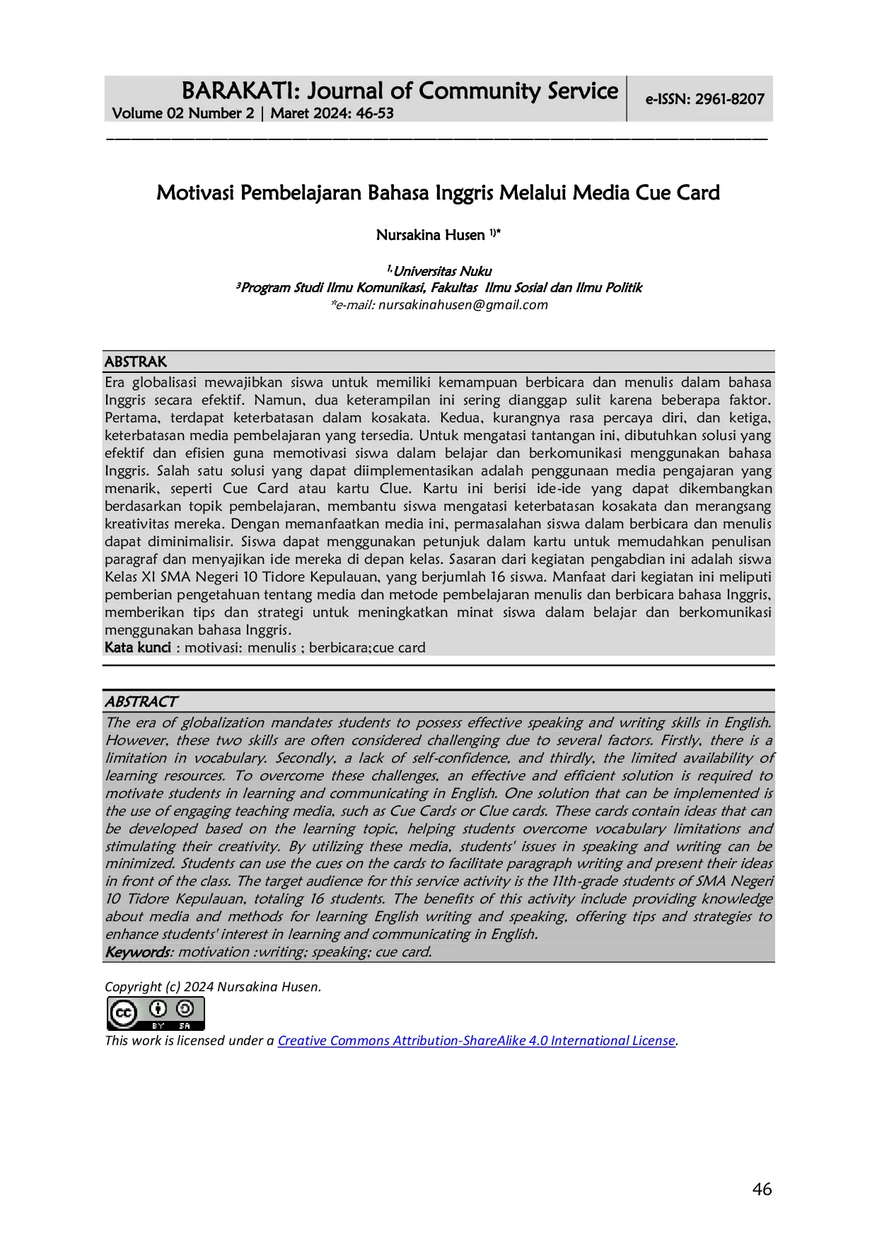 JURIS Motivasi Pembelajaran Bahasa Inggris melalui Media Cue Card