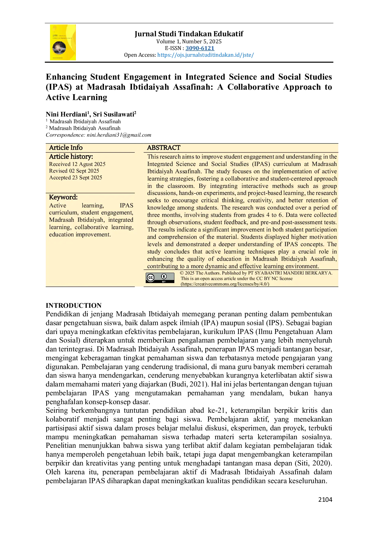 JURIS Enhancing Student Engagement in Integrated Science and Social Studies IPAS at Madrasah Ibtidaiyah Assafinah A Collaborative Approach to Active Learning