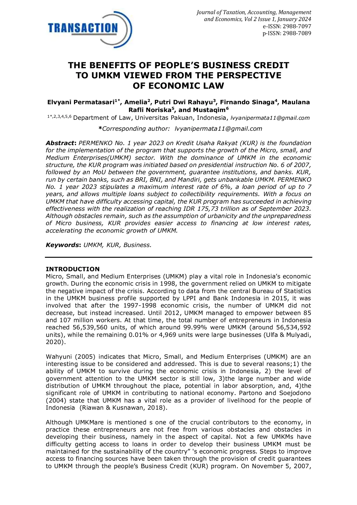 JURIS The Benefits of People s Business Credit to UMKM Viewed from the Perspective of Economic Law