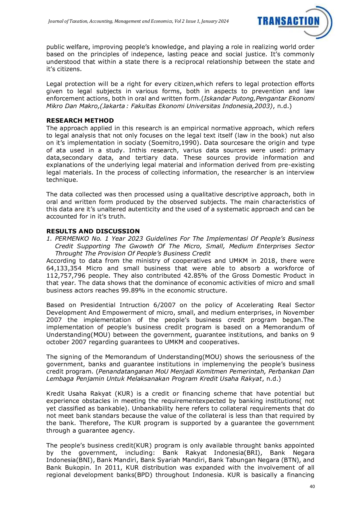 JURIS The Benefits of People s Business Credit to UMKM Viewed from the Perspective of Economic Law