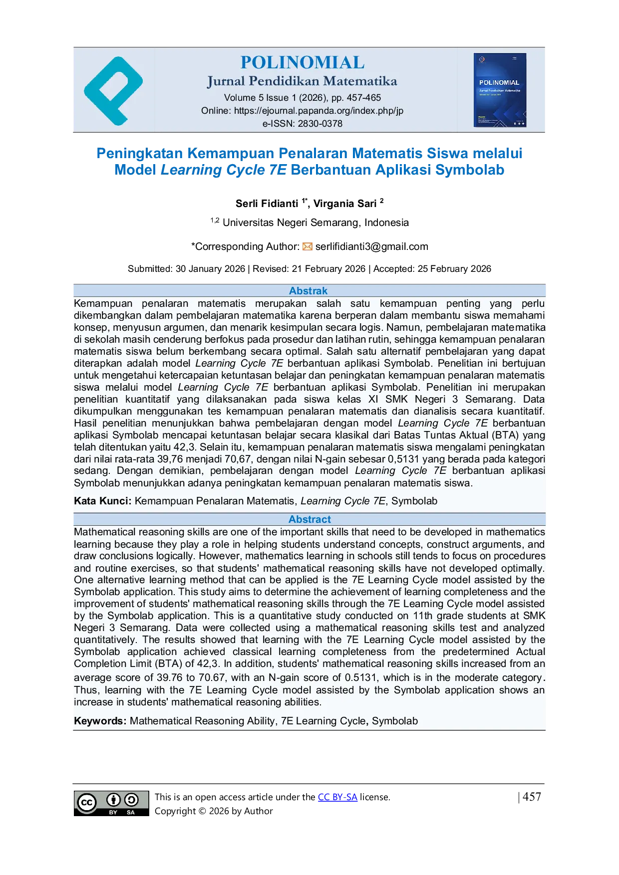 JURIS Peningkatan Kemampuan Penalaran Matematis Siswa melalui Model Learning Cycle 7E Berbantuan Aplikasi Symbolab