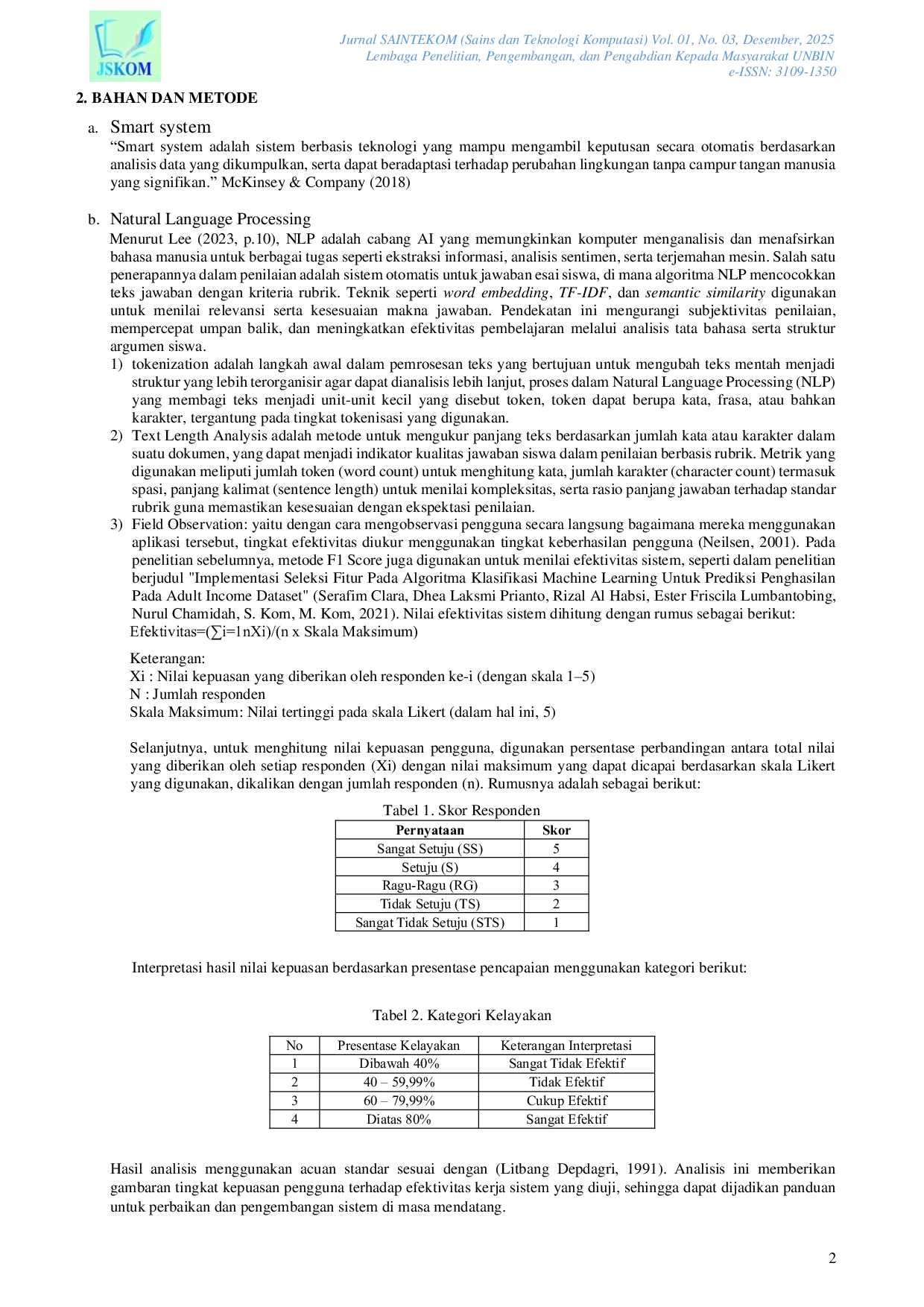 JURIS Penerapan Metode Rubrik Berbasis Algoritma Natural Language Processing dalam Penilaian Pembelajaran Siswa
