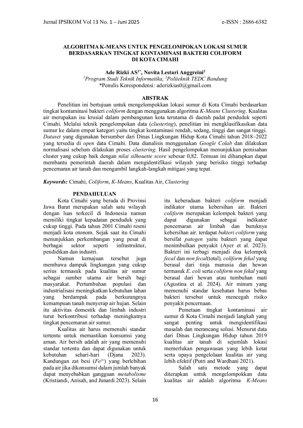 JURIS Algoritma K Means Untuk Pengelompokan Lokasi Sumur Berdasarkan Tingkat Kontaminasi Bakteri Coliform Di Kota Cimahi