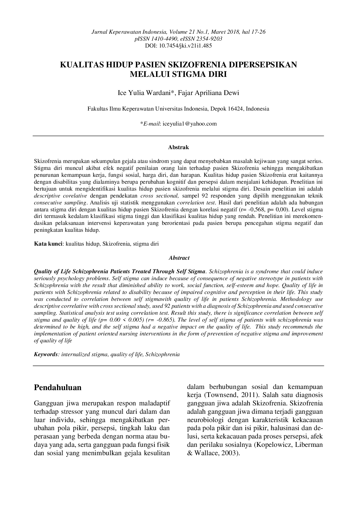 juris Kualitas Hidup Pasien Skizofrenia Dipersepsikan Melalui Stigma Diri
