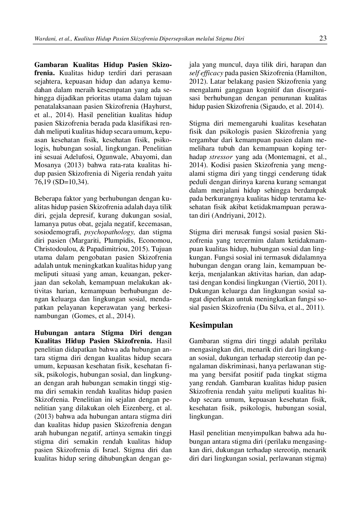 juris Kualitas Hidup Pasien Skizofrenia Dipersepsikan Melalui Stigma Diri