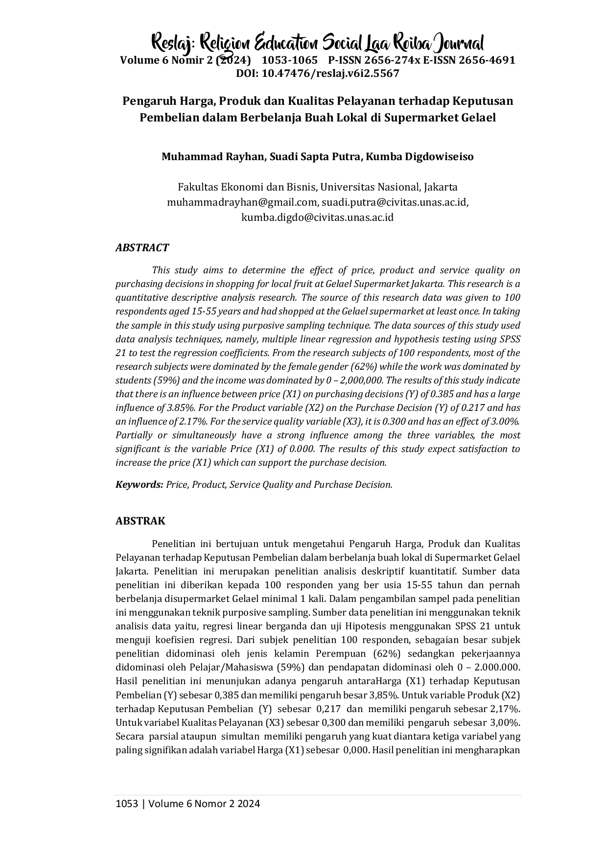 juris Pengaruh Harga Produk dan Kualitas Pelayanan terhadap Keputusan Pembelian dalam Berbelanja Buah Lokal di Supermarket Gelael