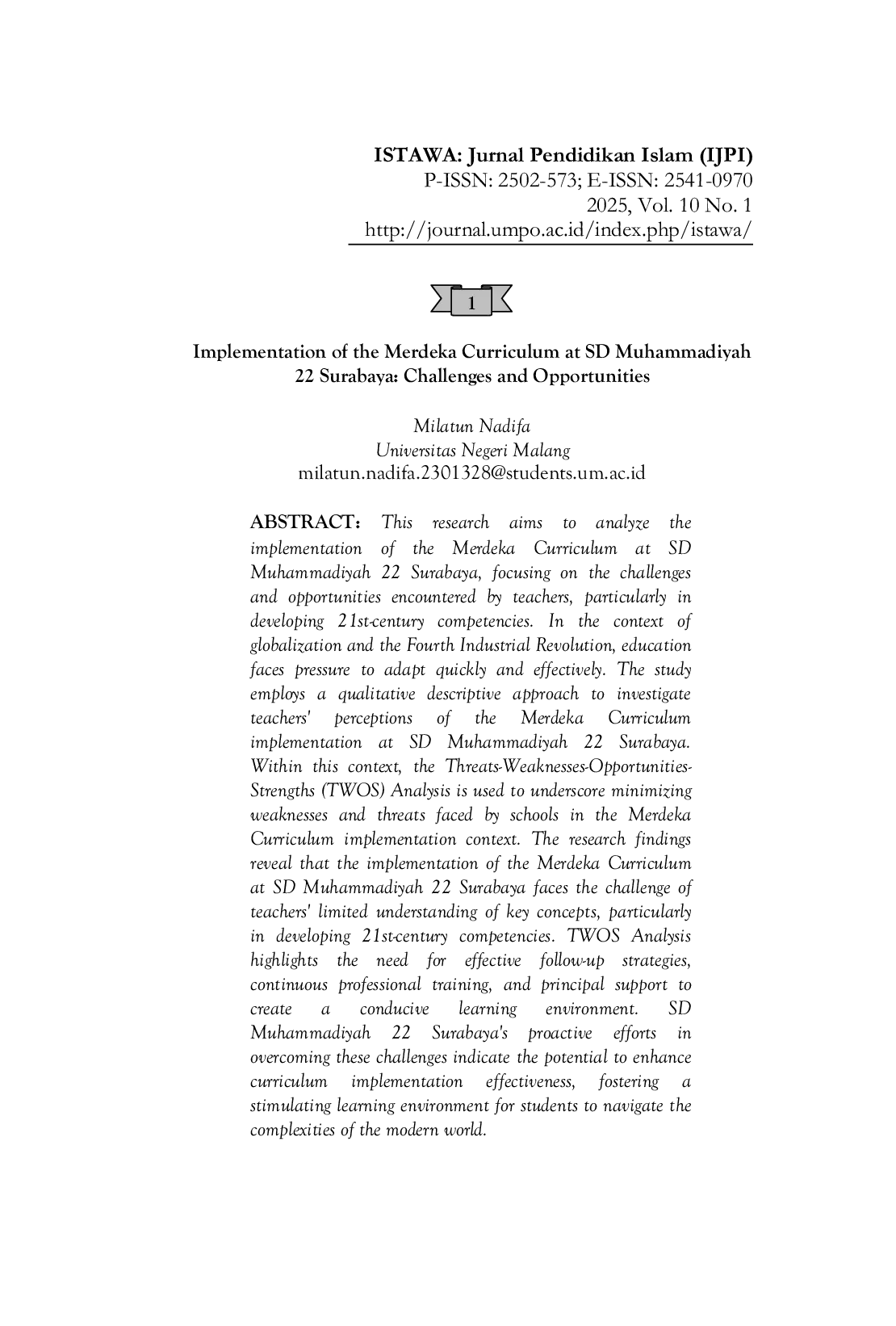 JURIS Implementation of the Merdeka Curriculum at SD Muhammadiyah 22 Surabaya Challenges and Opportunities