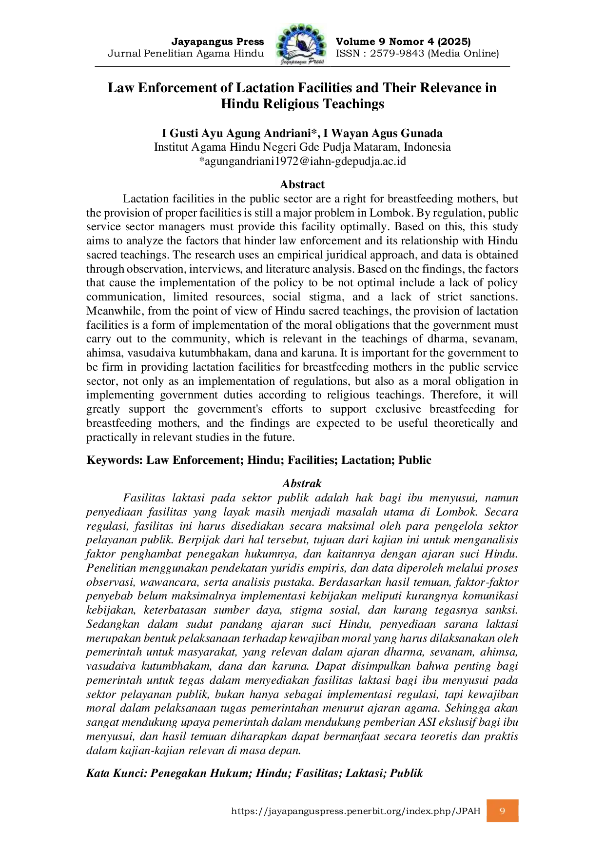 JURIS Law Enforcement of Lactation Facilities and Their Relevance in Hindu Religious Teachings