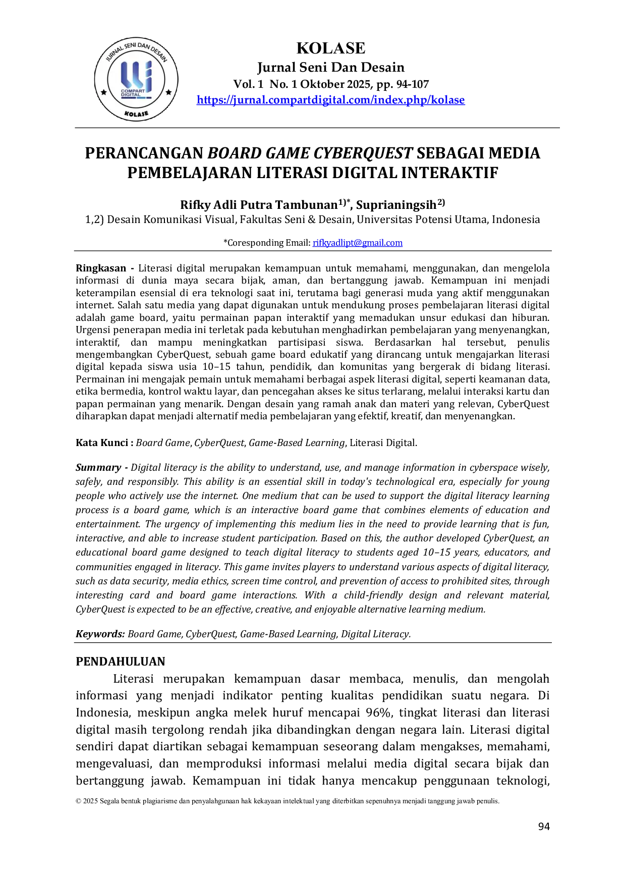 JURIS Perancangan Board Game Cyberquest Sebagai Media Pembelajaran Literasi Digital Interaktif