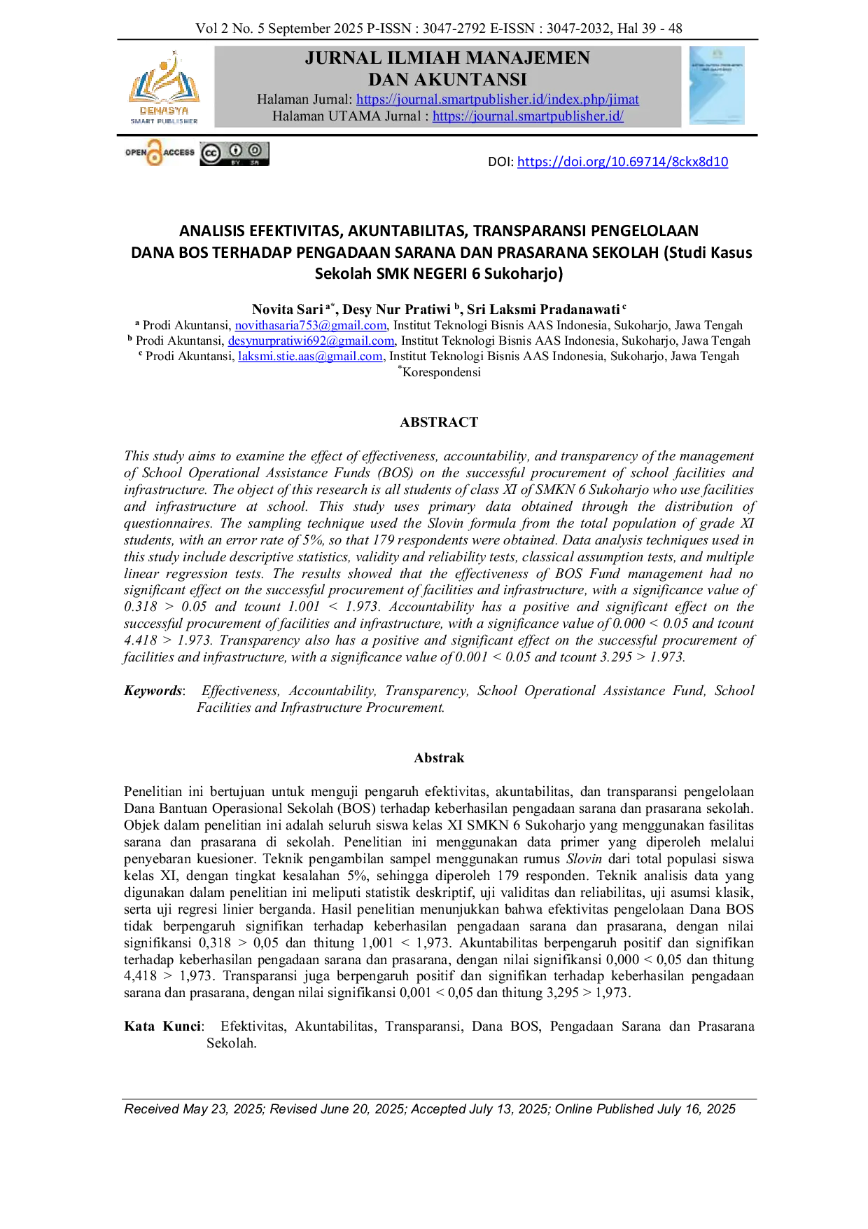 JURIS ANALISIS EFEKTIVITAS AKUNTABILITAS TRANSPARANSI PENGELOLAAN DANA BOS TERHADAP PENGADAAN SARANA DAN PRASARANA SEKOLAH Studi Kasus Sekolah SMK NEGERI 6 Sukoharjo