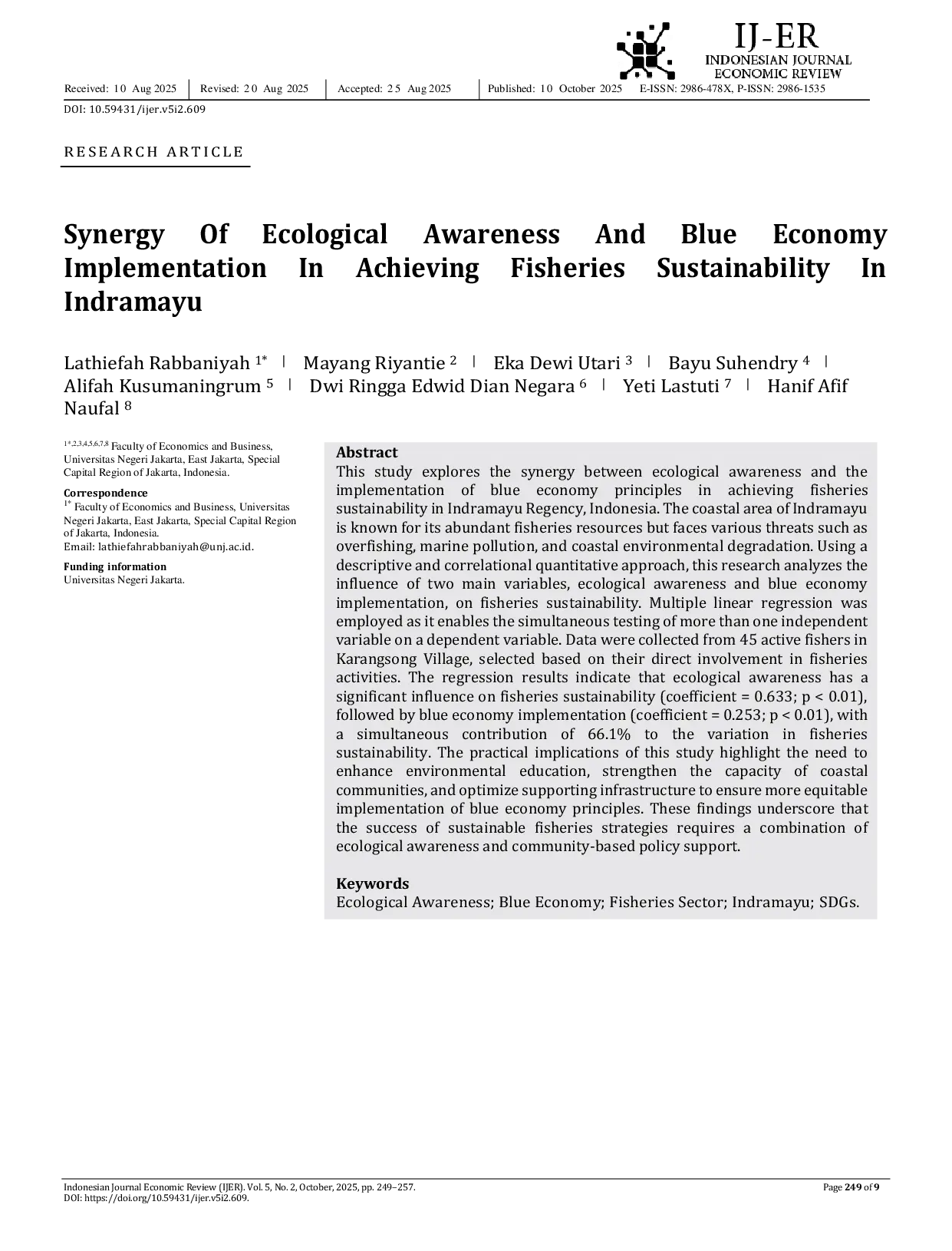 JURIS Synergy Of Ecological Awareness And Blue Economy In Implementation In Achieving Fisheries Sustainability In Indramayu