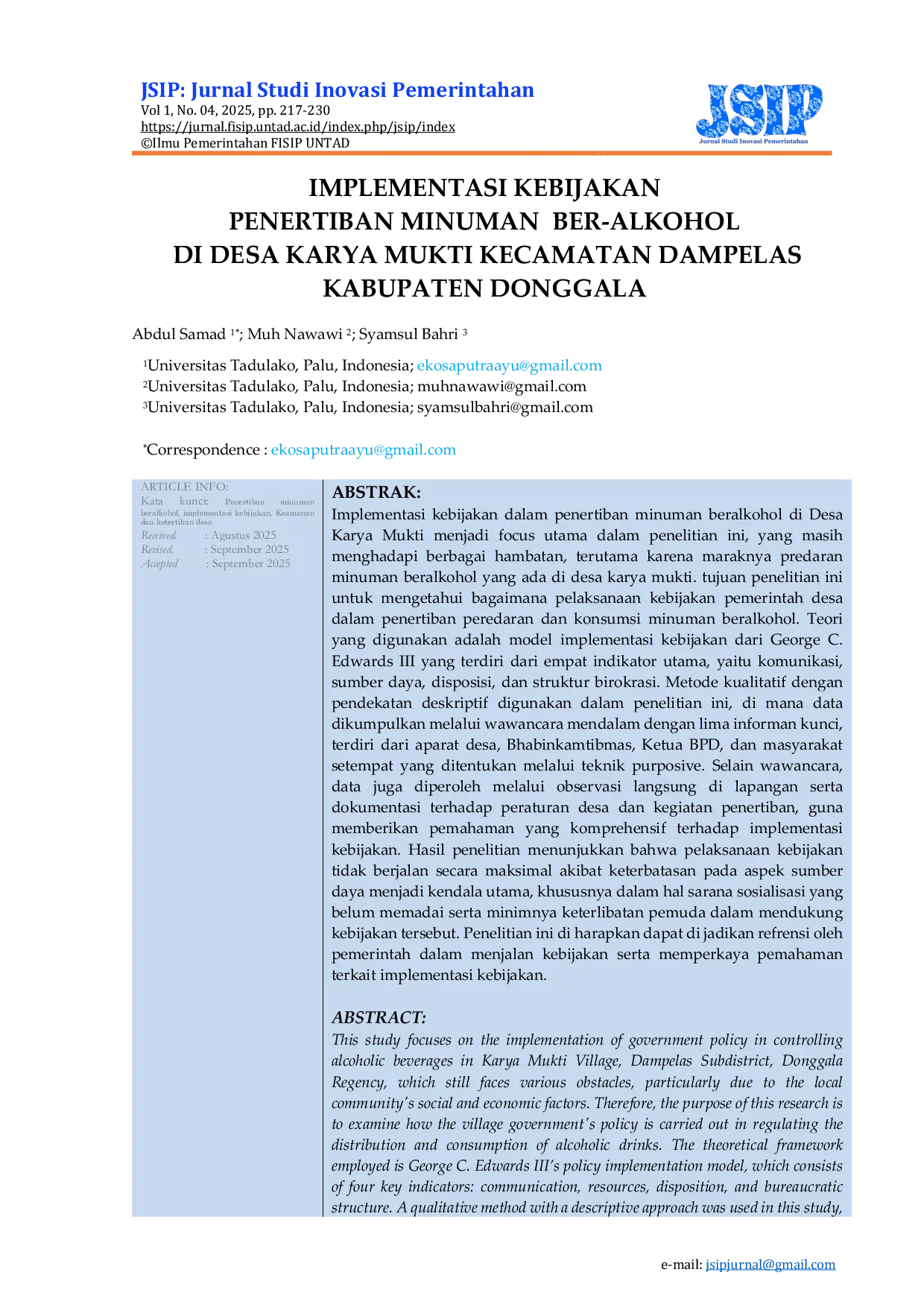 JURIS Implementasi Kebijakan Penertiban Minuman Ber Alkohol Di Desa Karya Mukti Kecamatan Dampelas Kabupaten Donggala