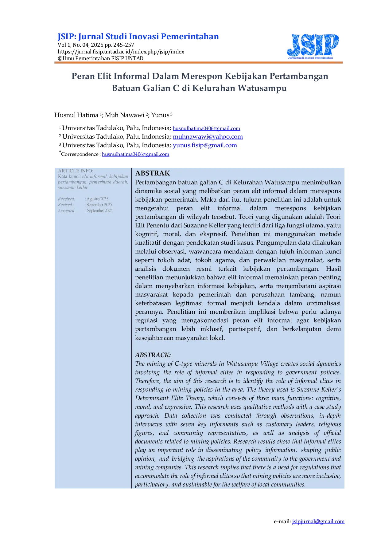 JURIS Peran Elit Informal Dalam Merespon Kebijakan Pertambangan Batuan Galian C di Kelurahan Watusampu
